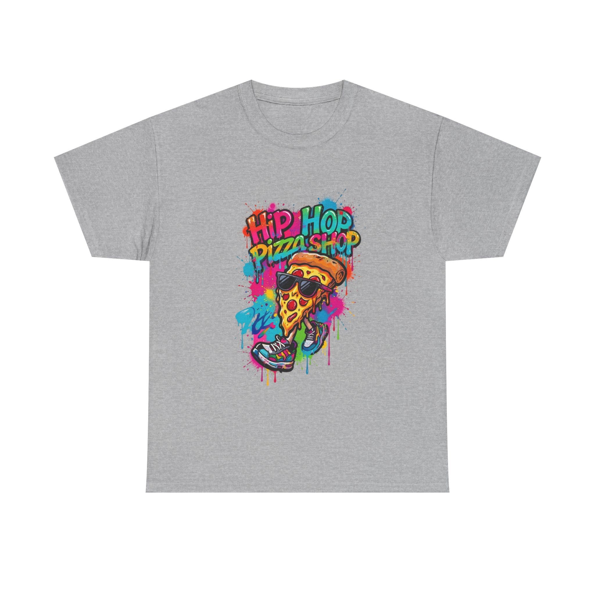 Hip Hop Pizza Shop Graphic Tee — Colorful Streetwear Pizza Slice Design