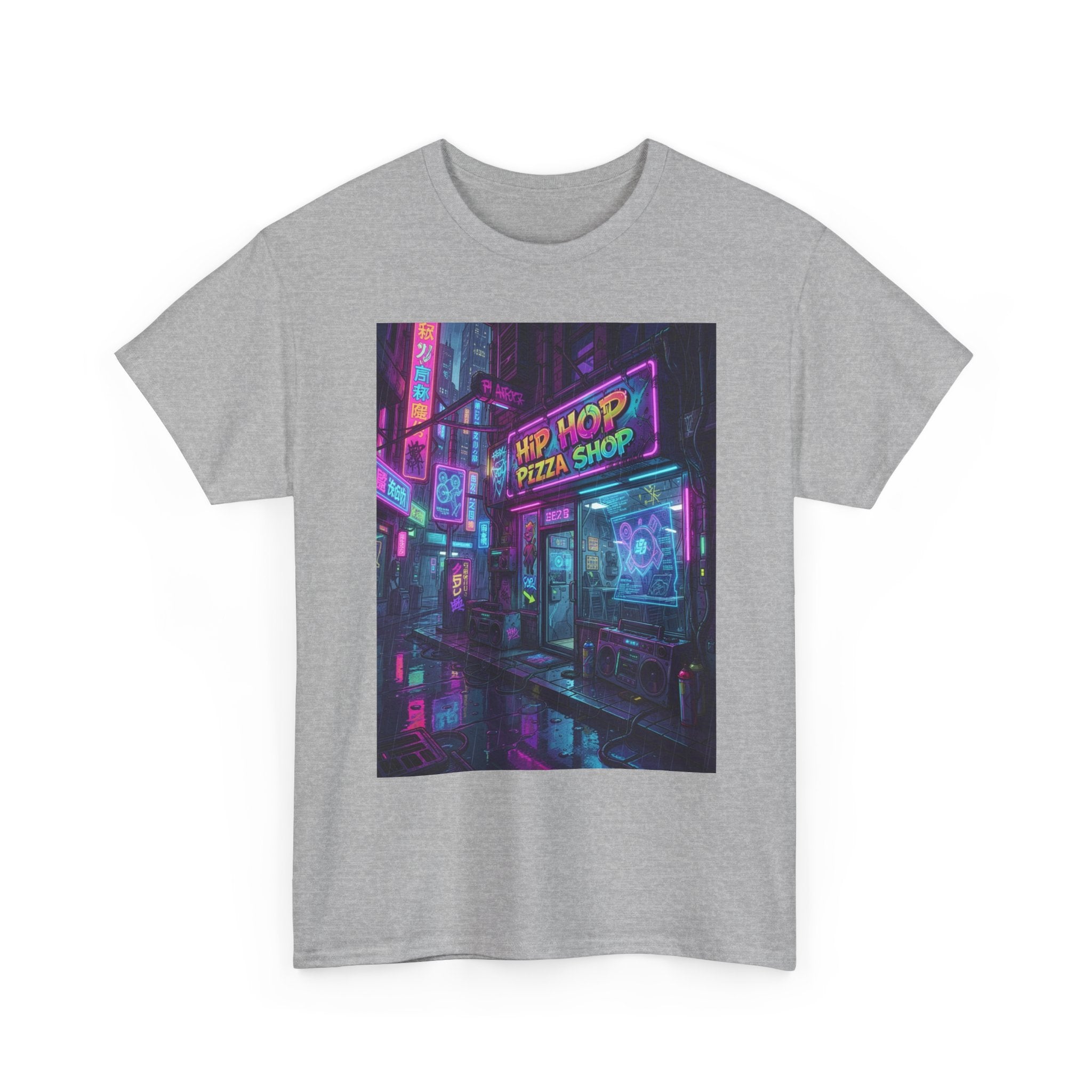 Cyberpunk Streetwear T‑Shirt — Neon “Hip Hop Pizza Shop” Graphic Tee