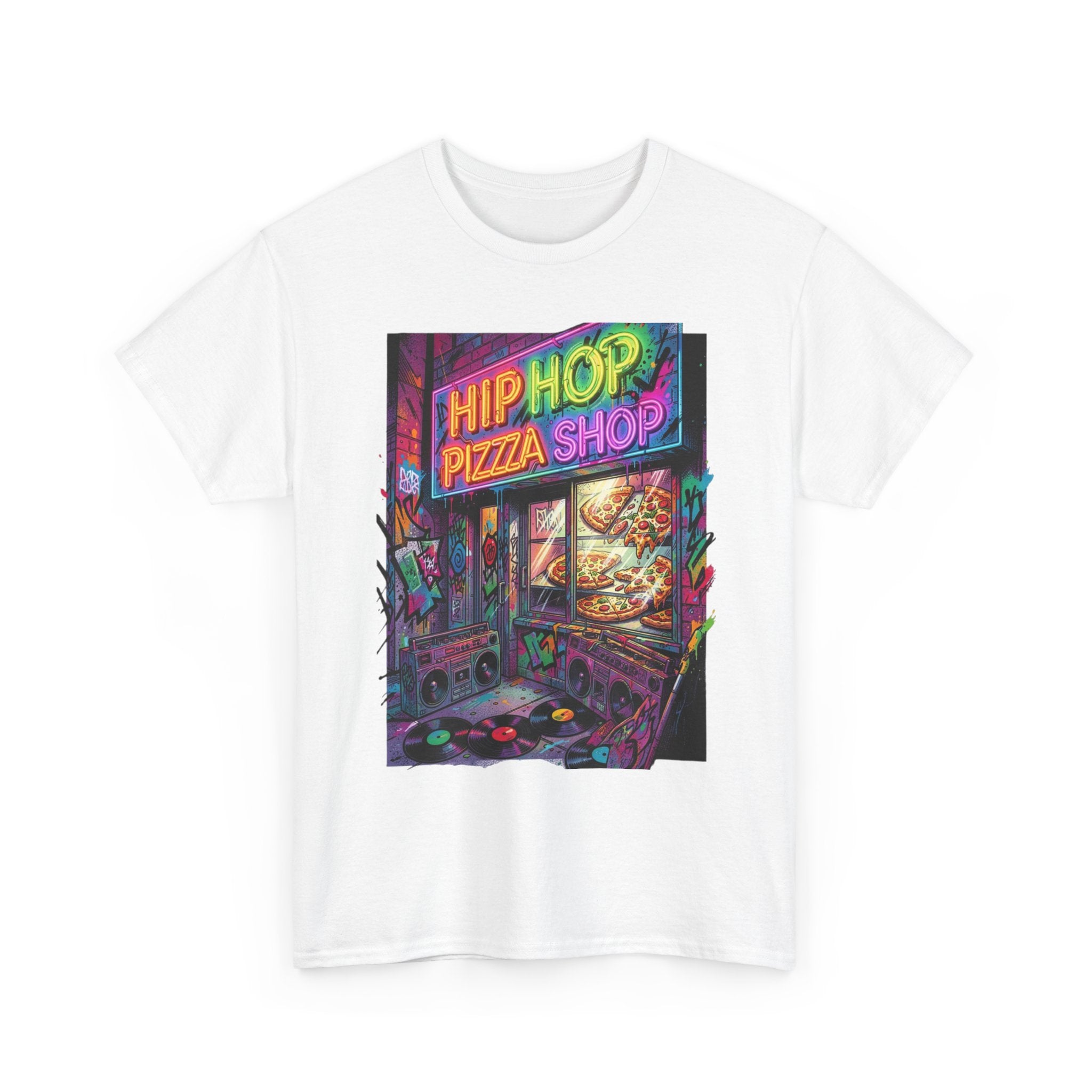 Hip Hop Pizza Shop T-Shirt — Retro Neon Streetwear Tee