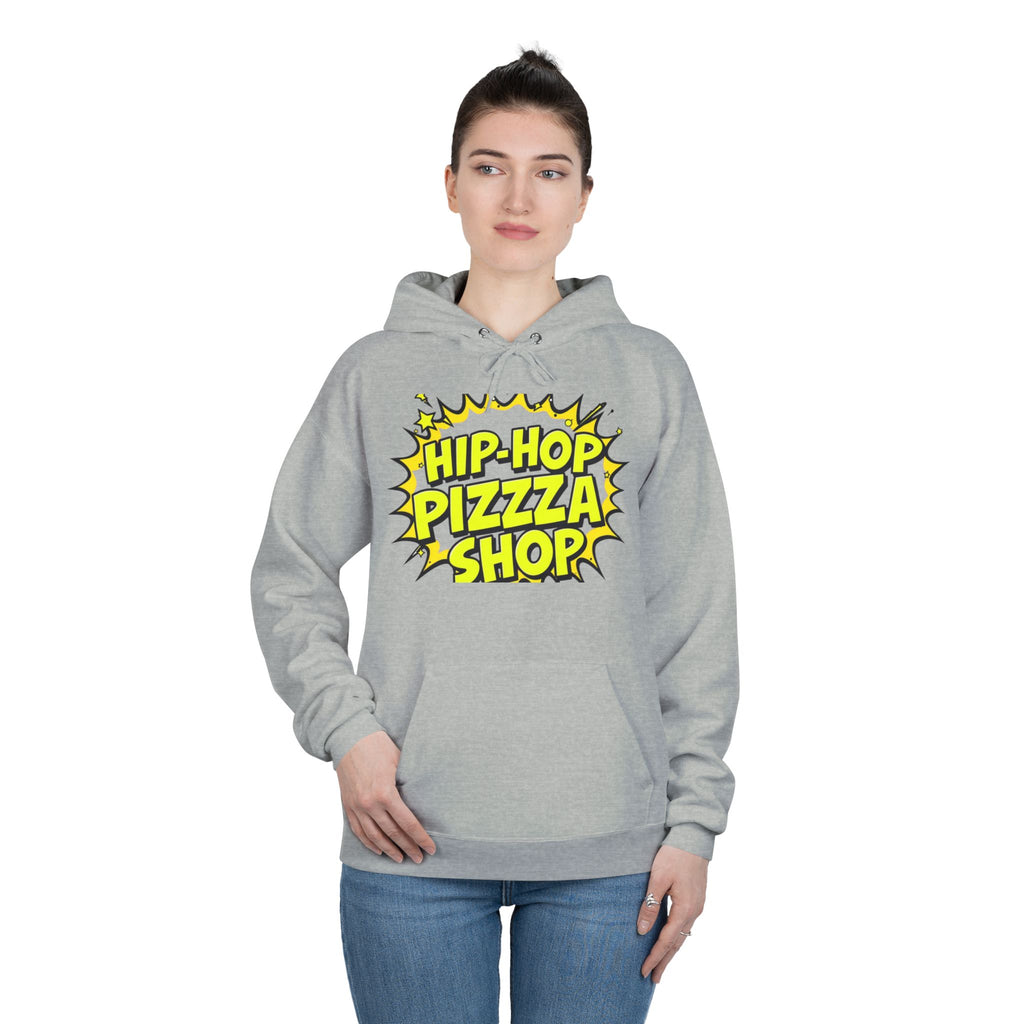 Hip-Hop Pizza Shop Hoodie — Retro Comic Logo Pullover