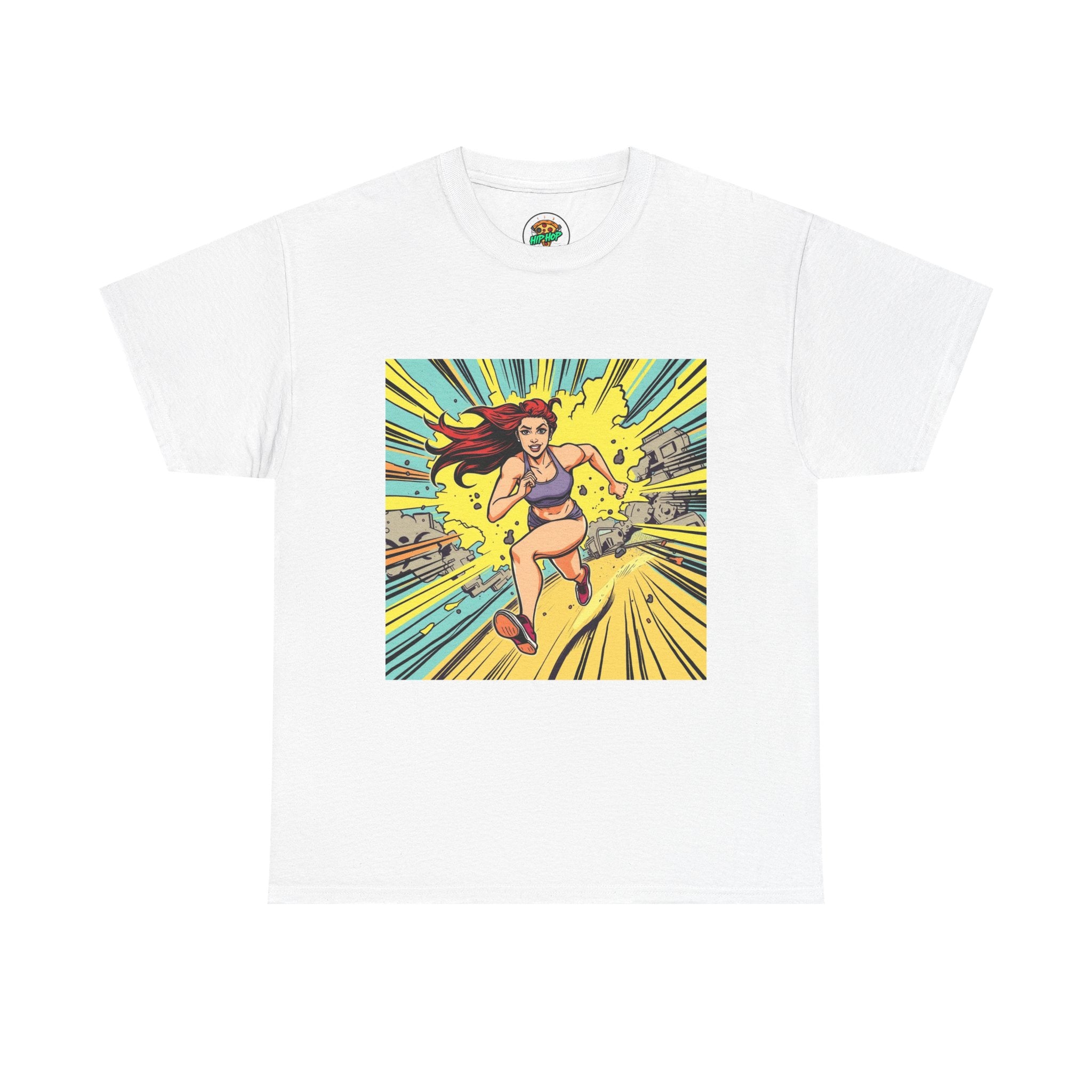 Graphic Tee — Retro Pop Art Running Woman Comic Design