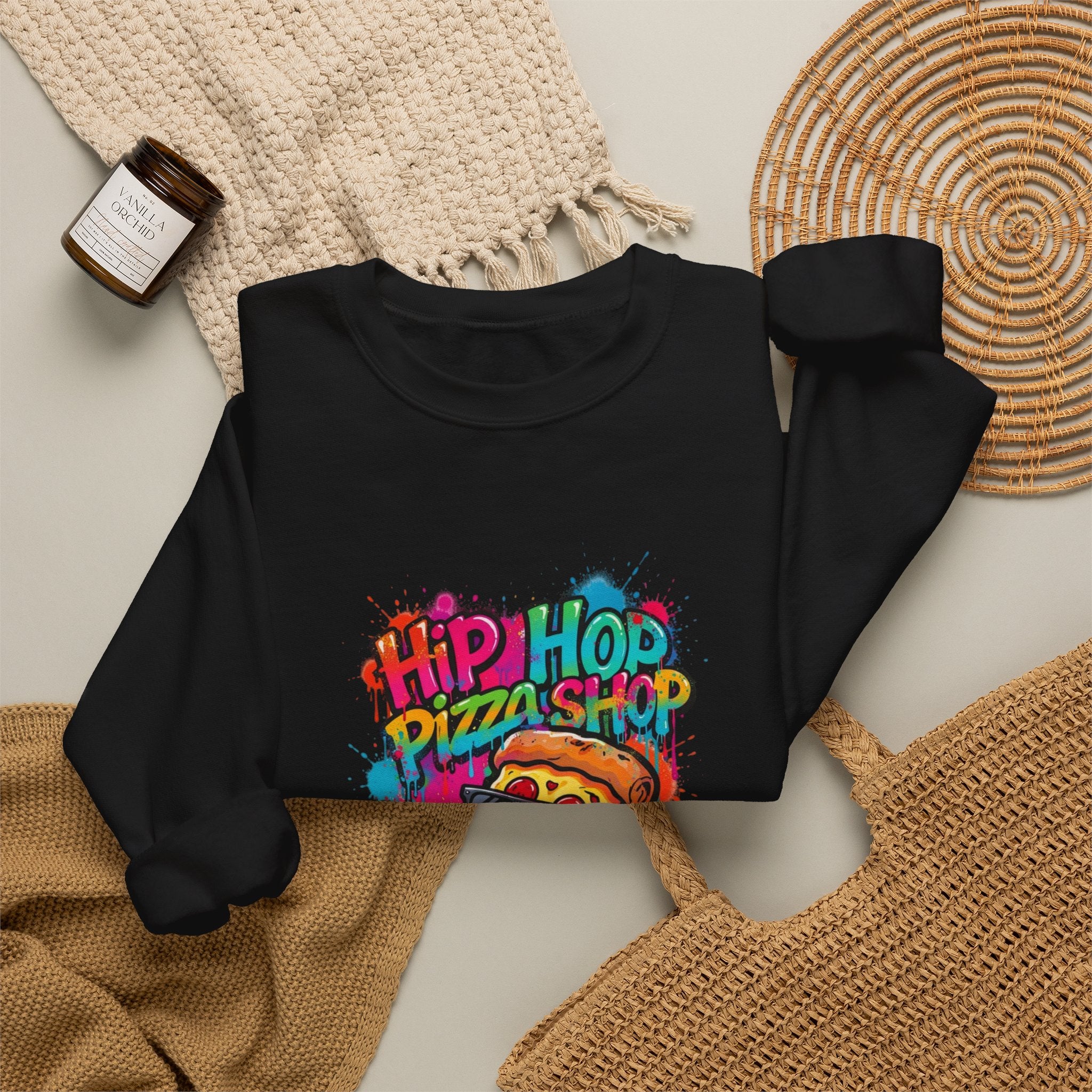 Hip Hop Pizza Shop Crewneck Sweatshirt — Retro Graffiti Pizza Slice Design