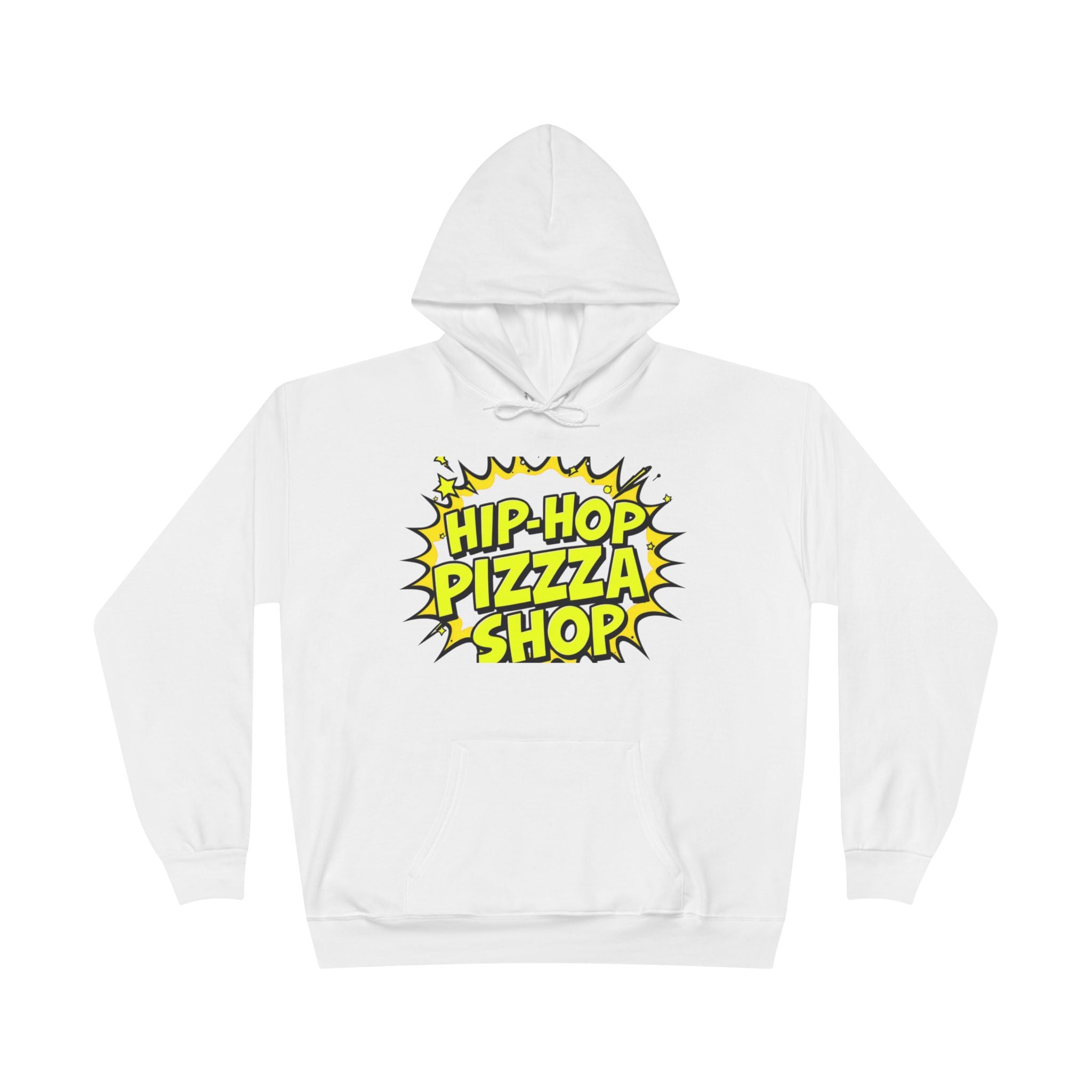 Hip-Hop Pizza Shop Hoodie — Retro Comic Logo Pullover