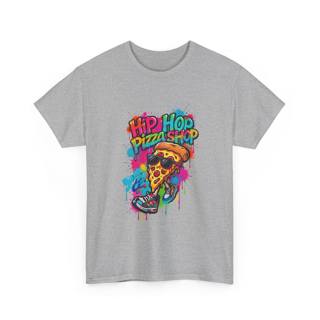 Hip Hop Pizza Shop Graphic Tee — Colorful Streetwear Pizza Slice Design