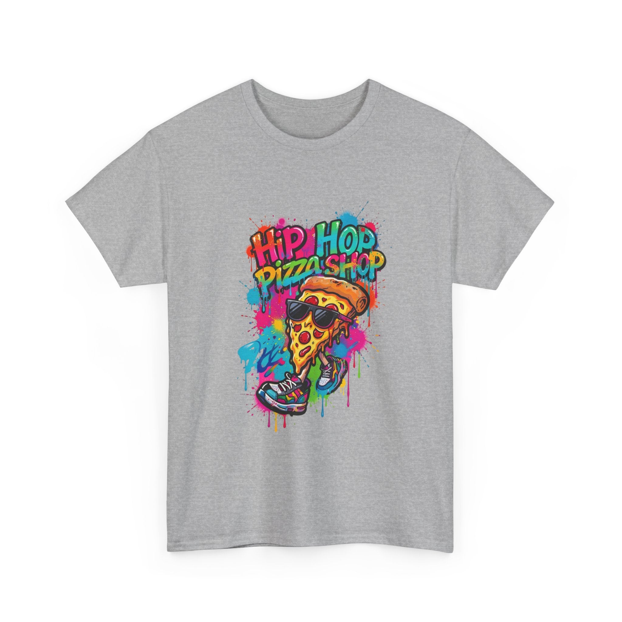 Hip Hop Pizza Shop Graphic Tee — Colorful Streetwear Pizza Slice Design