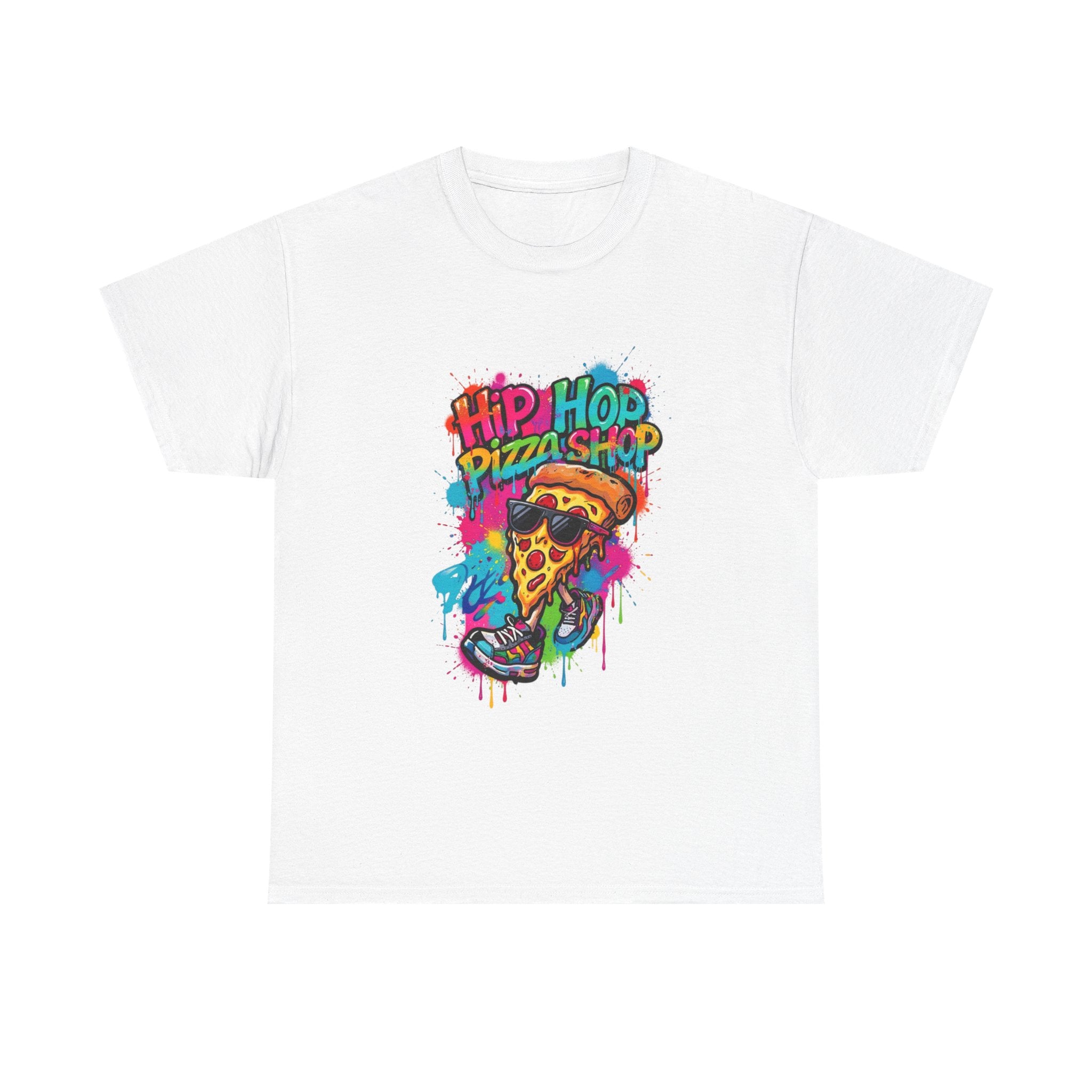 Hip Hop Pizza Shop Graphic Tee — Colorful Streetwear Pizza Slice Design
