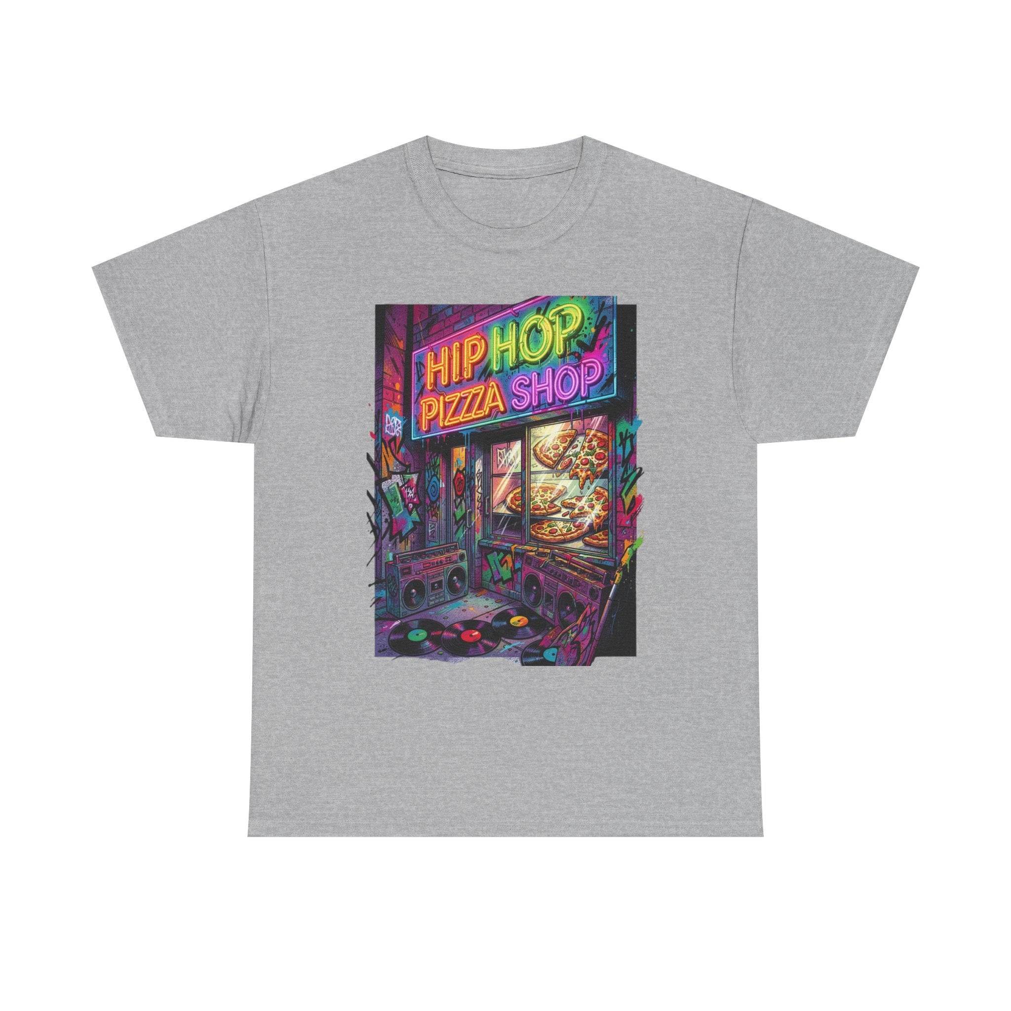 Hip Hop Pizza Shop T-Shirt — Retro Neon Streetwear Tee