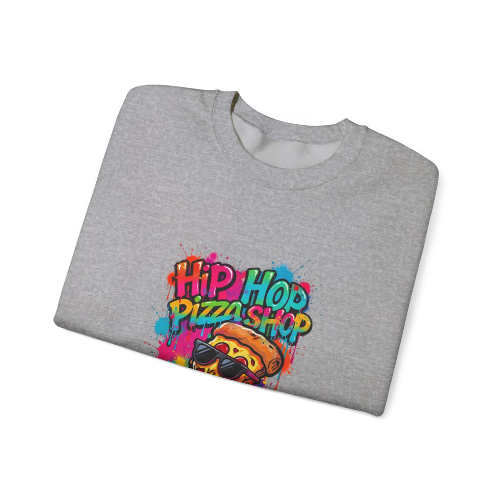 Hip Hop Pizza Shop Crewneck Sweatshirt — Retro Graffiti Pizza Slice Design