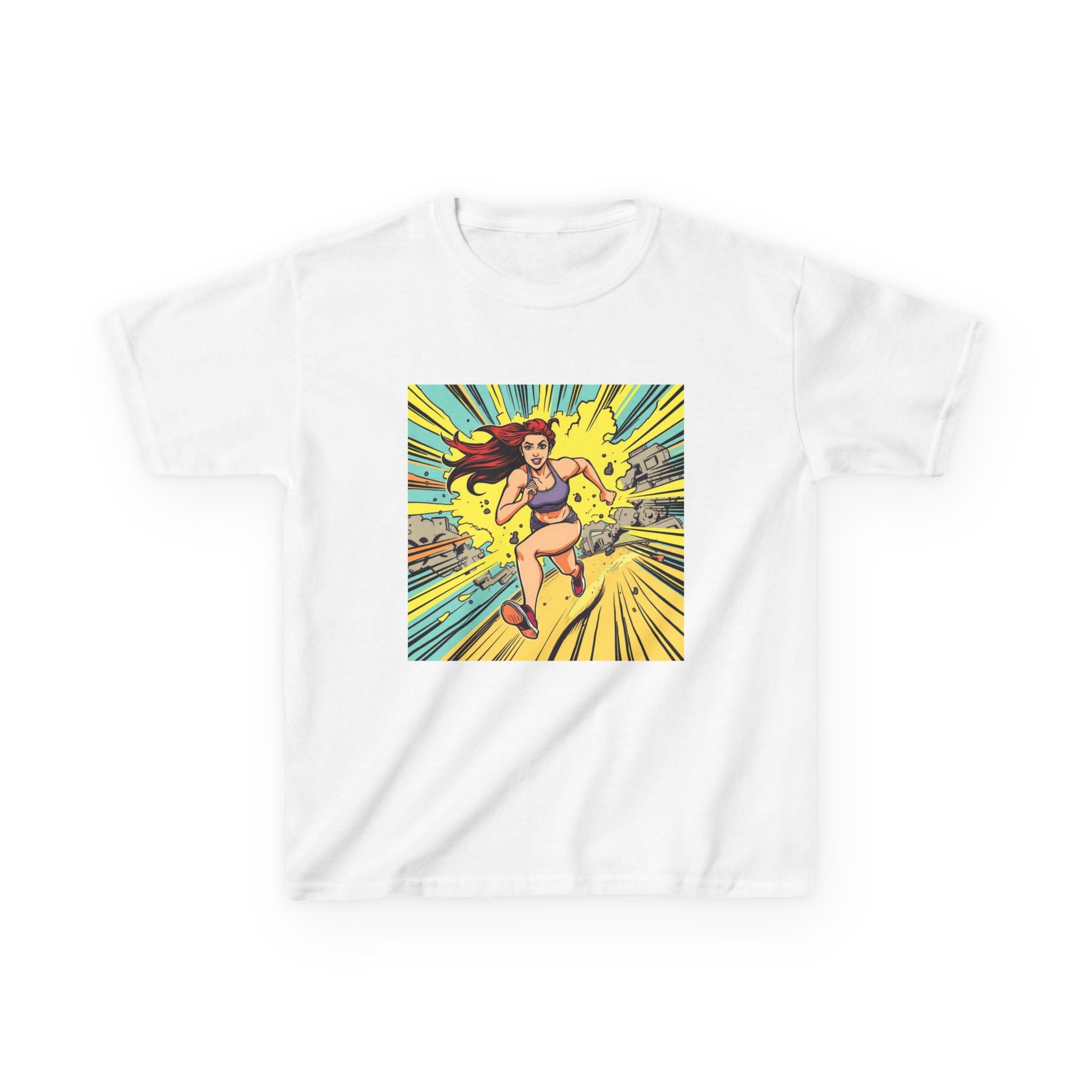 Kids Tee — Retro Pop Art Superhero Girl Running Graphic