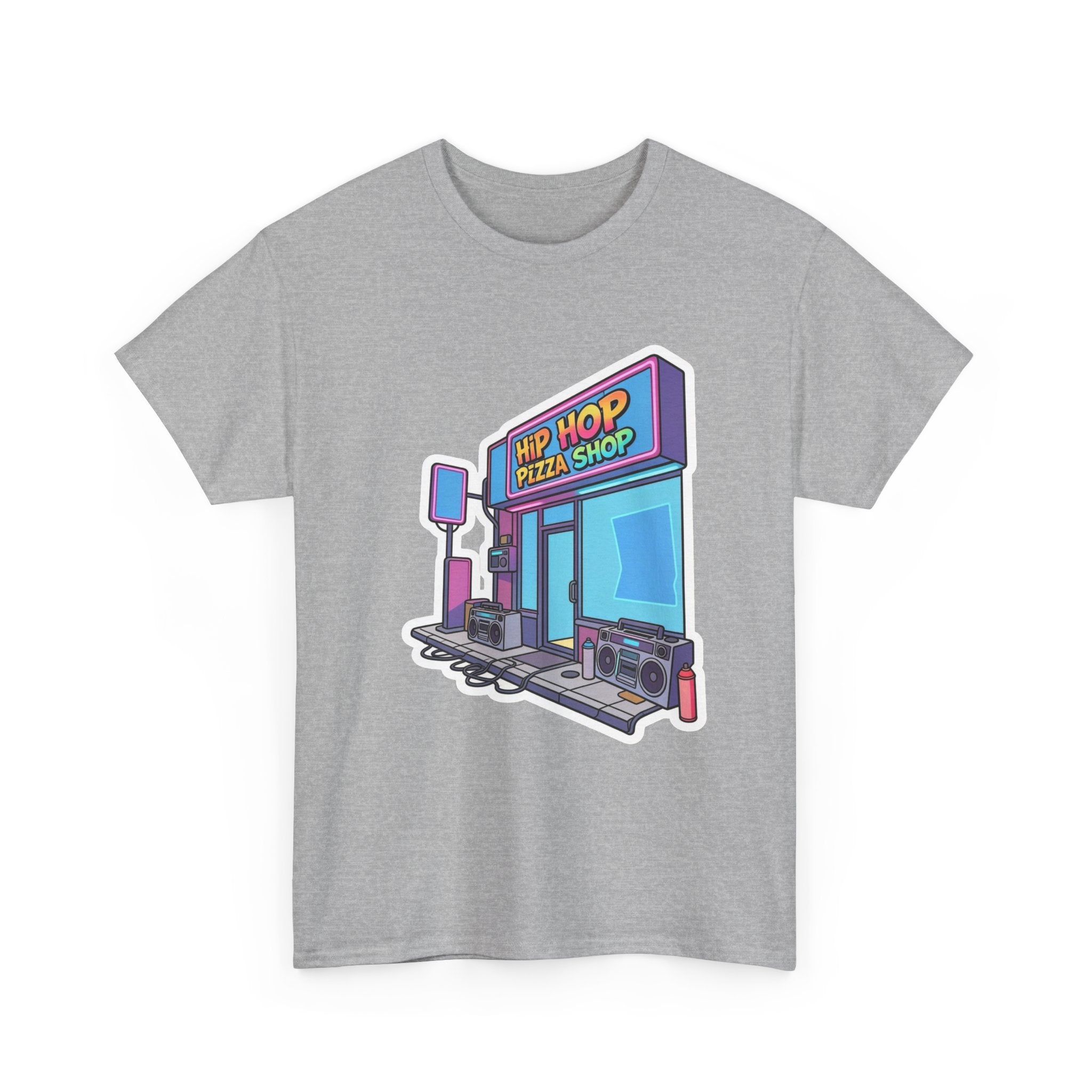 Hip Hop Pizza Shop T‑Shirt — Retro Neon Pizzeria Graphic Tee