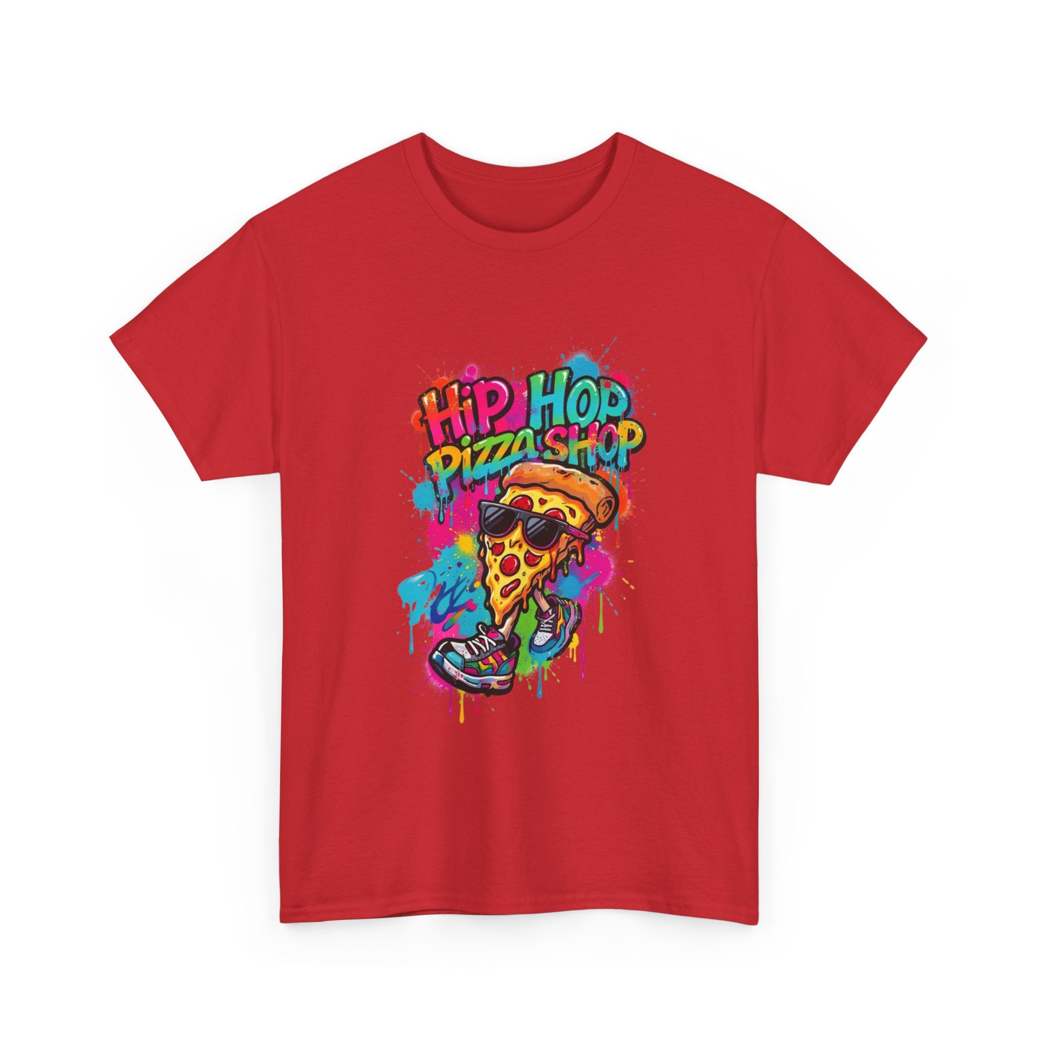 Hip Hop Pizza Shop Graphic Tee — Colorful Streetwear Pizza Slice Design