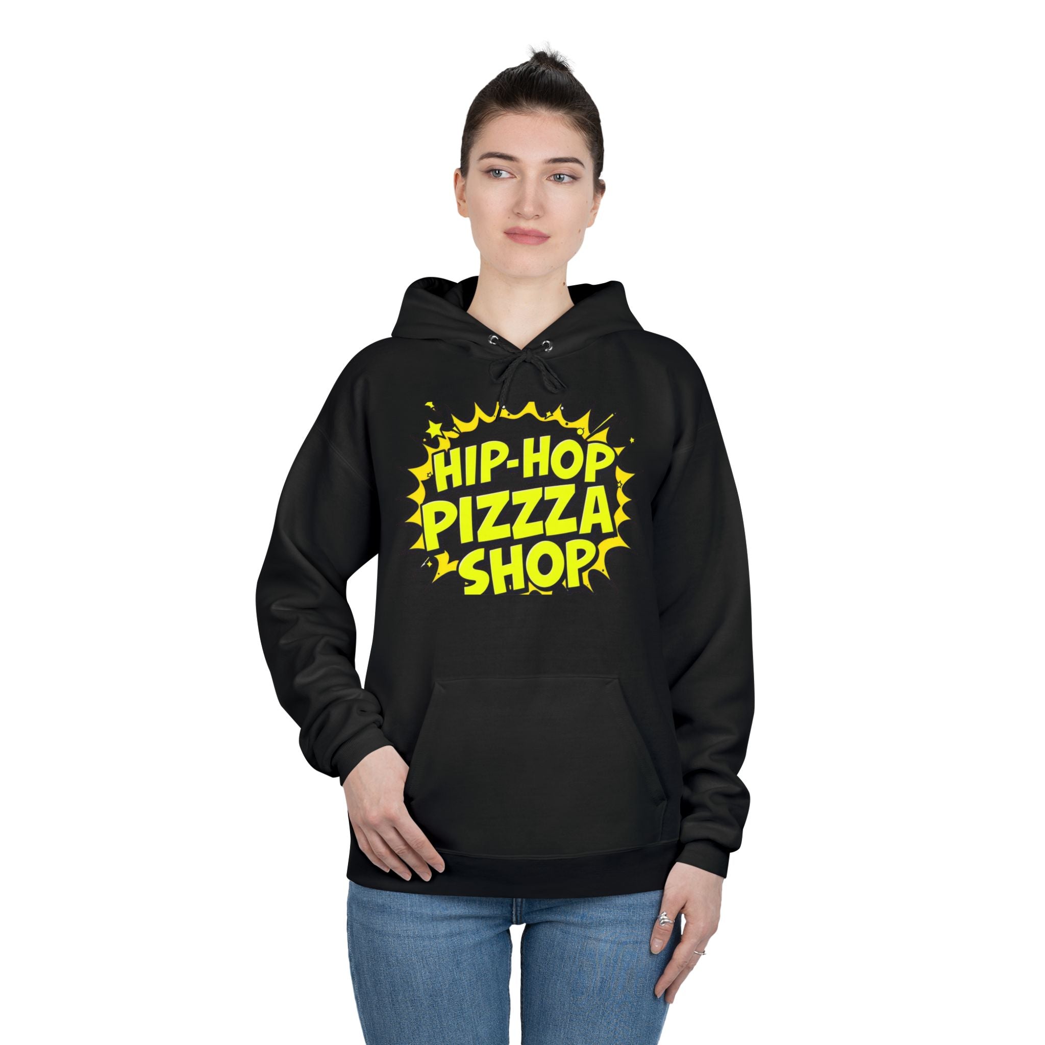 Hip-Hop Pizza Shop Hoodie — Retro Comic Logo Pullover