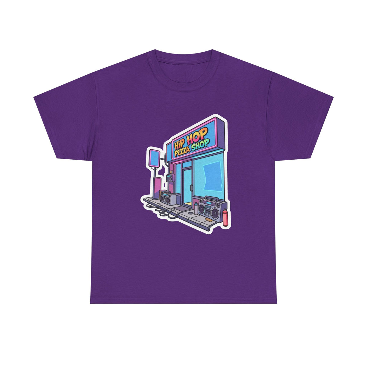 Hip Hop Pizza Shop T‑Shirt — Retro Neon Pizzeria Graphic Tee