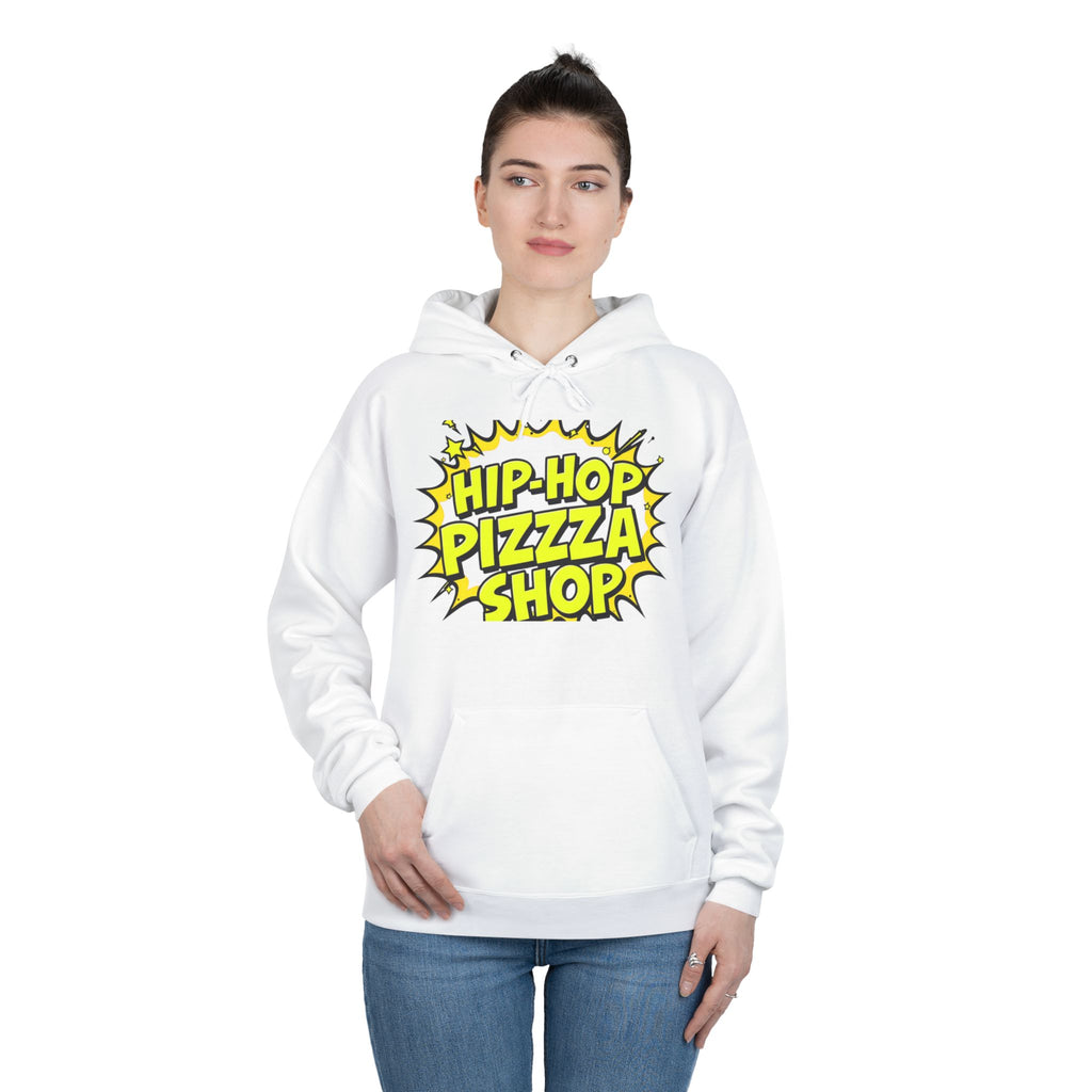 Hip-Hop Pizza Shop Hoodie — Retro Comic Logo Pullover