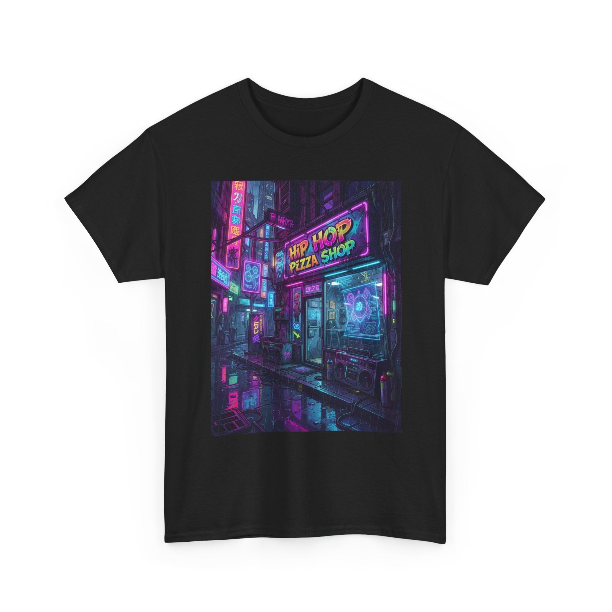 Cyberpunk Streetwear T‑Shirt — Neon “Hip Hop Pizza Shop” Graphic Tee