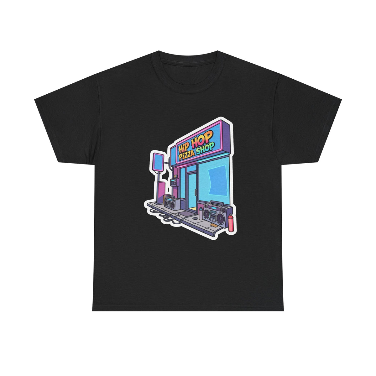 Hip Hop Pizza Shop T‑Shirt — Retro Neon Pizzeria Graphic Tee