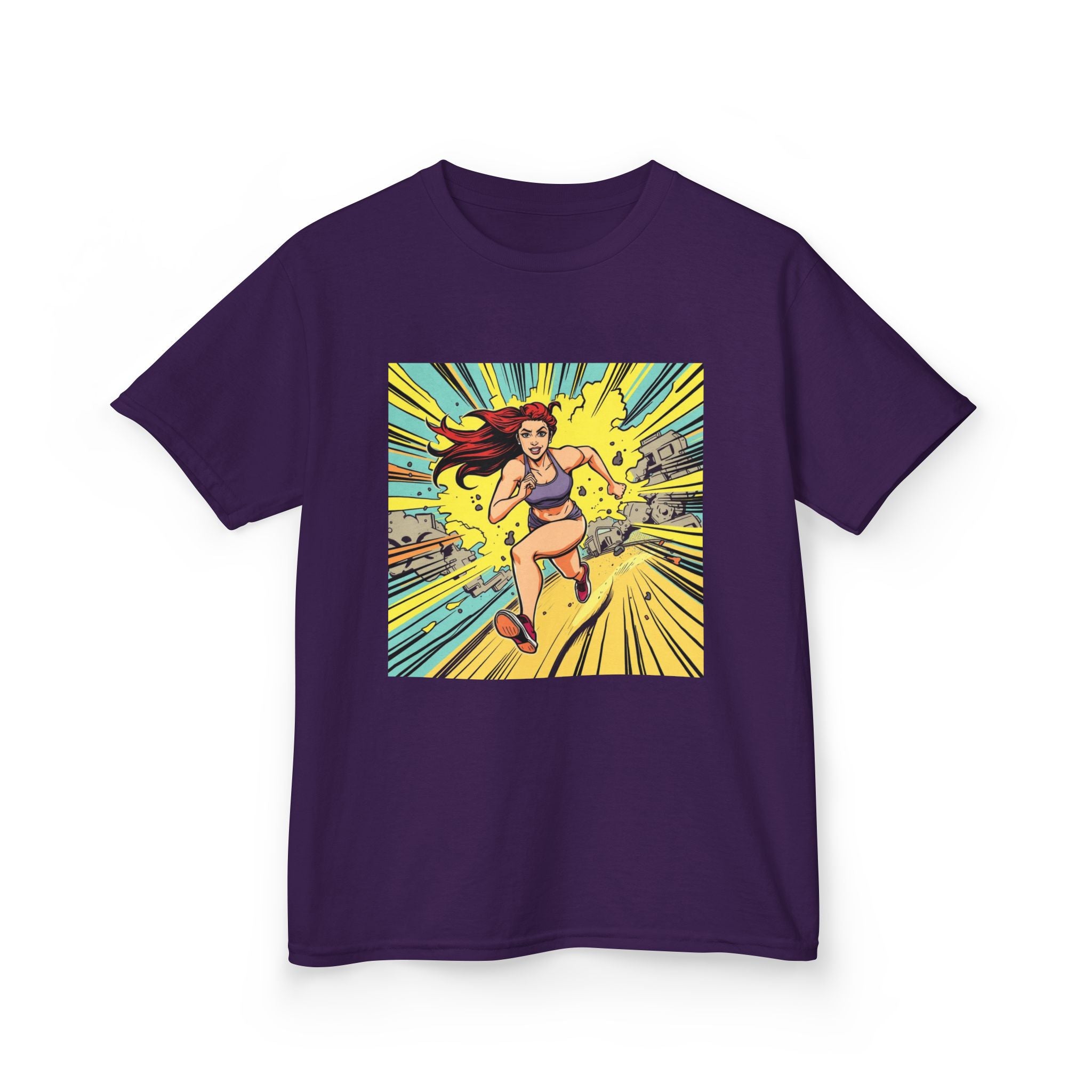 Kids Tee — Retro Pop Art Superhero Girl Running Graphic