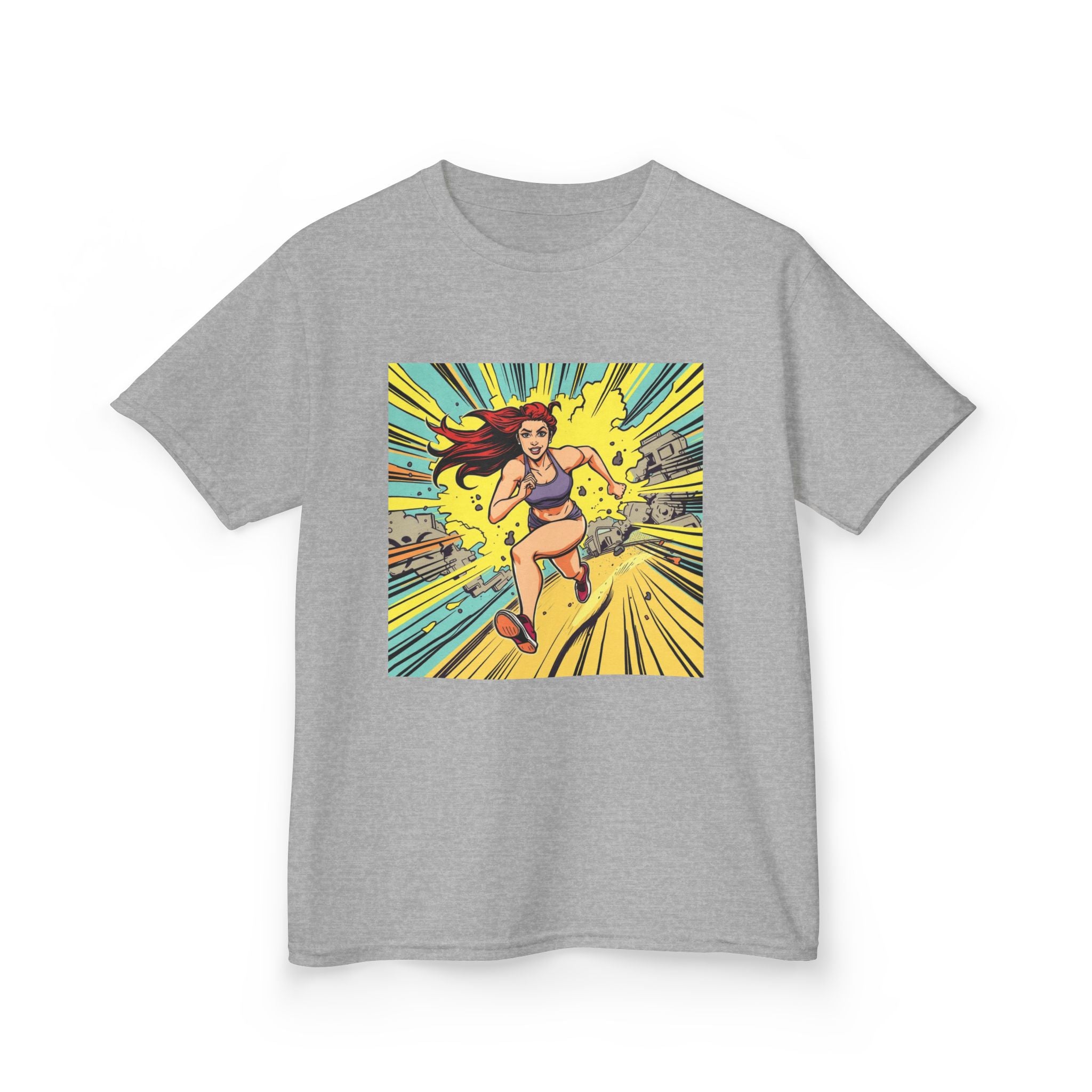Kids Tee — Retro Pop Art Superhero Girl Running Graphic