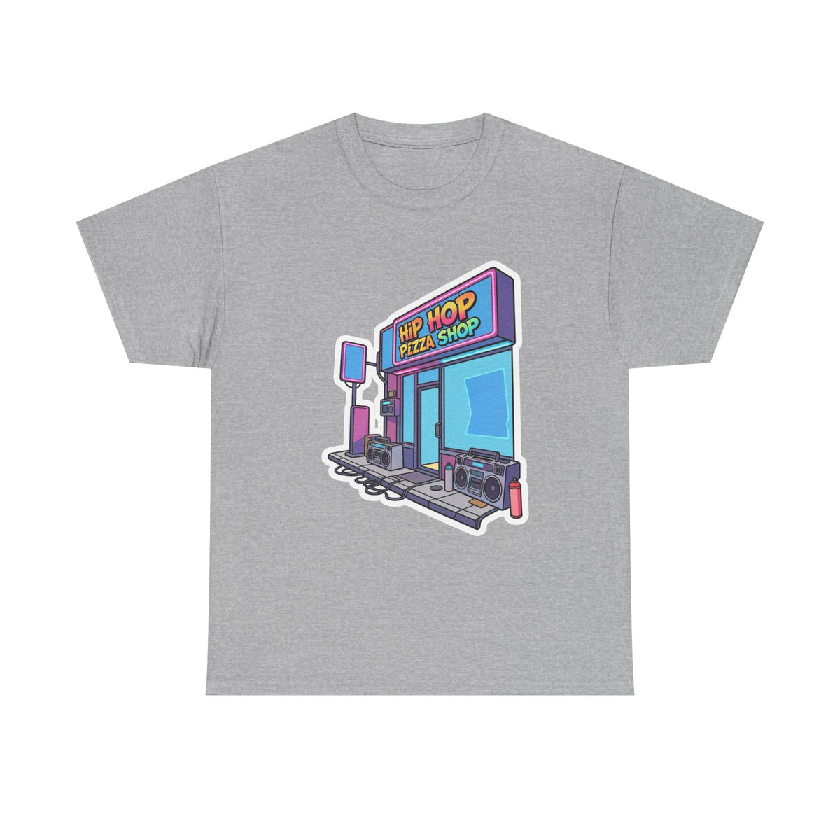Hip Hop Pizza Shop T‑Shirt — Retro Neon Pizzeria Graphic Tee