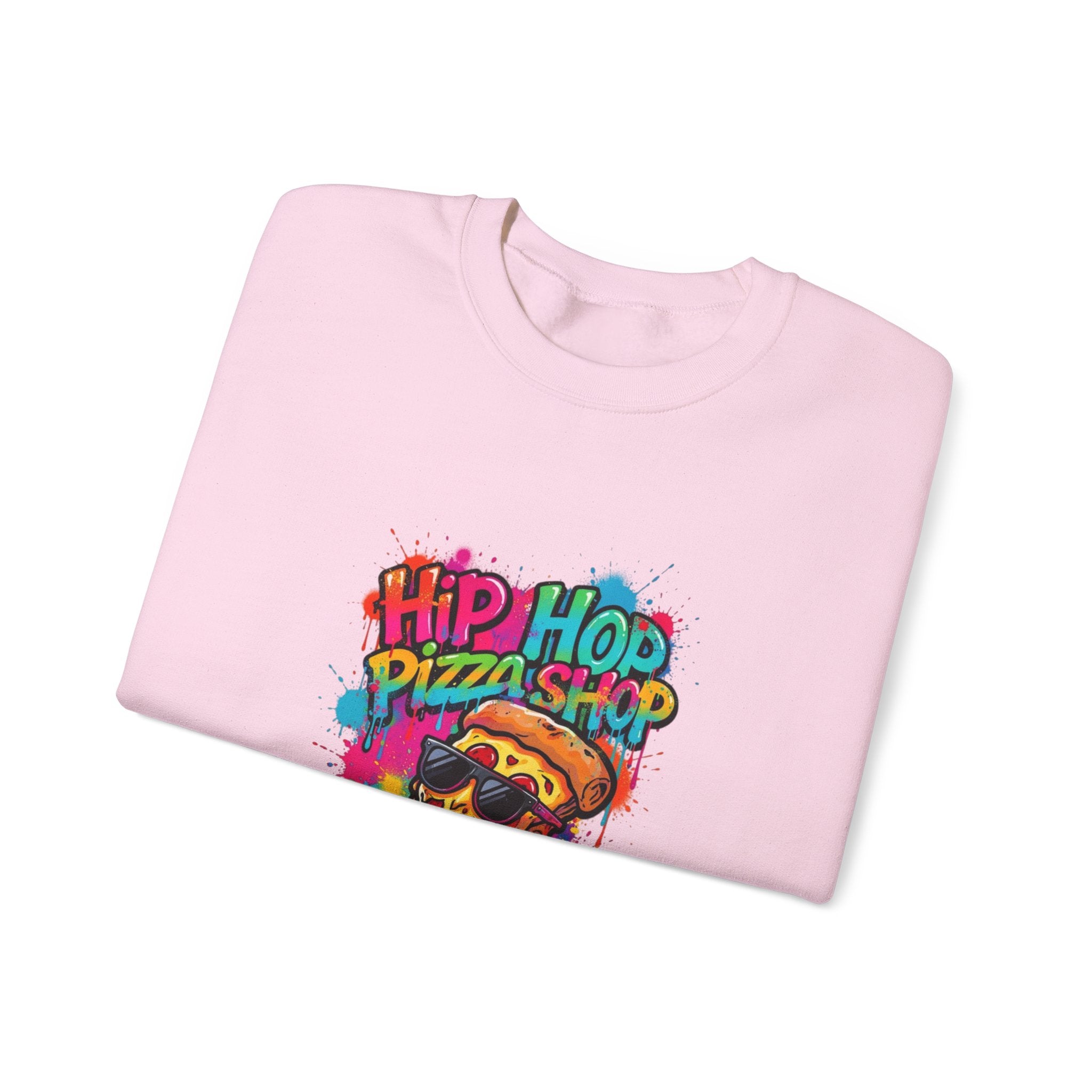 Hip Hop Pizza Shop Crewneck Sweatshirt — Retro Graffiti Pizza Slice Design