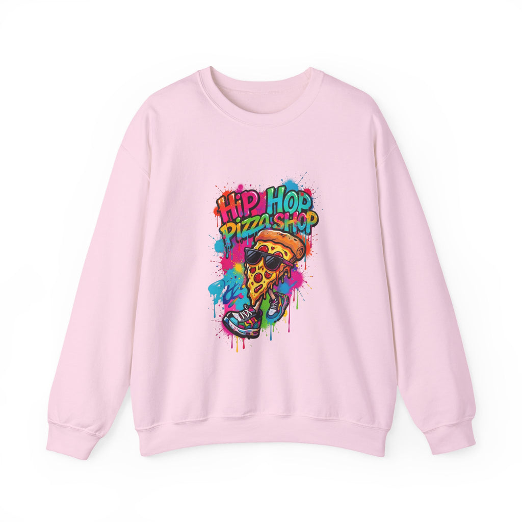 Hip Hop Pizza Shop Crewneck Sweatshirt — Retro Graffiti Pizza Slice Design
