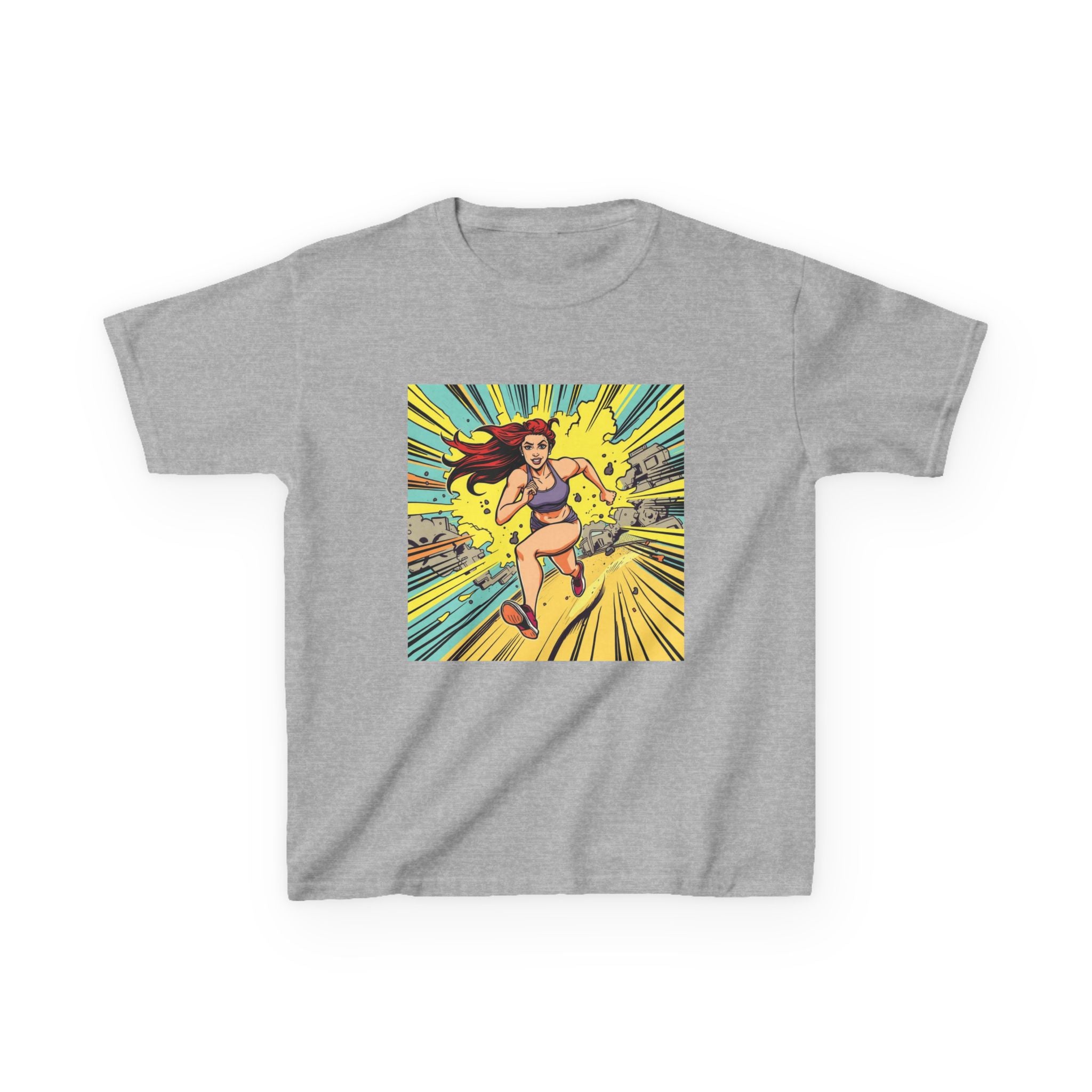 Kids Tee — Retro Pop Art Superhero Girl Running Graphic
