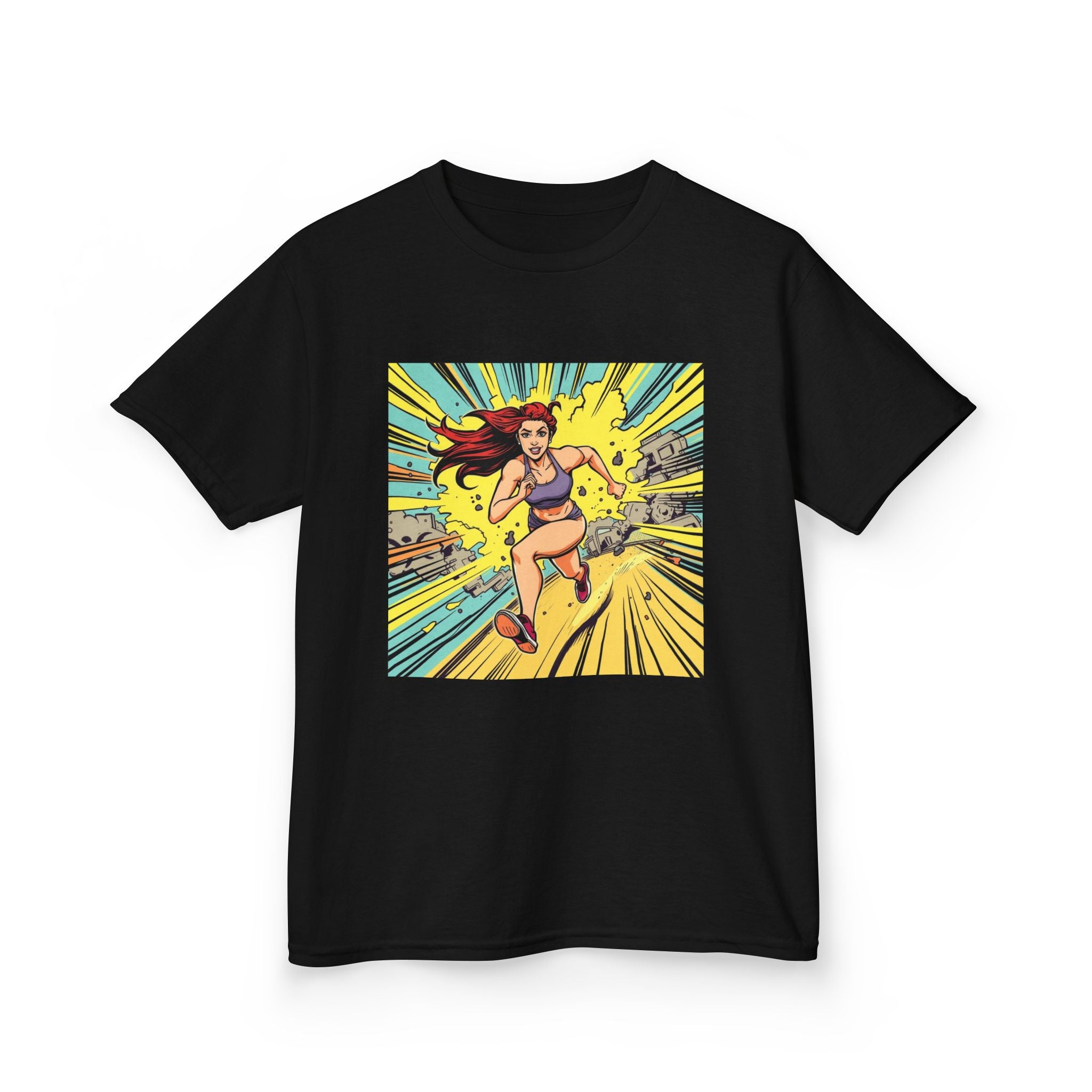 Kids Tee — Retro Pop Art Superhero Girl Running Graphic