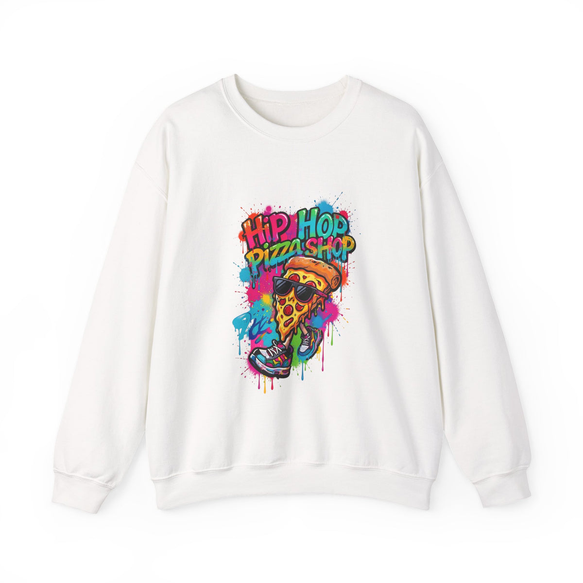 Hip Hop Pizza Shop Crewneck Sweatshirt — Retro Graffiti Pizza Slice Design