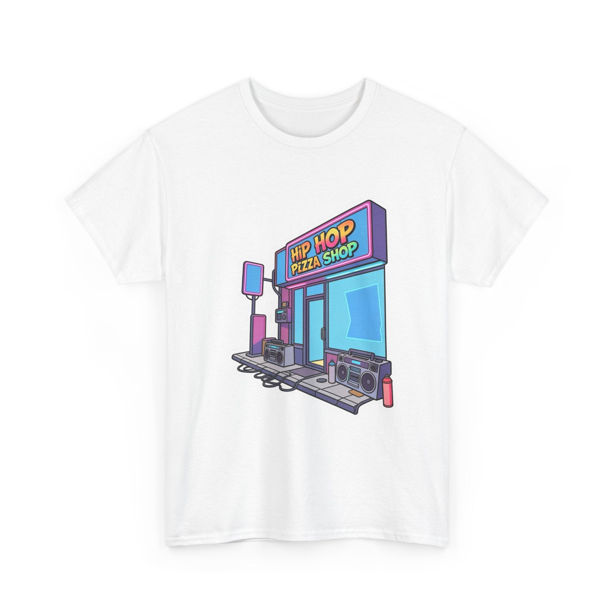 Hip Hop Pizza Shop T‑Shirt — Retro Neon Pizzeria Graphic Tee