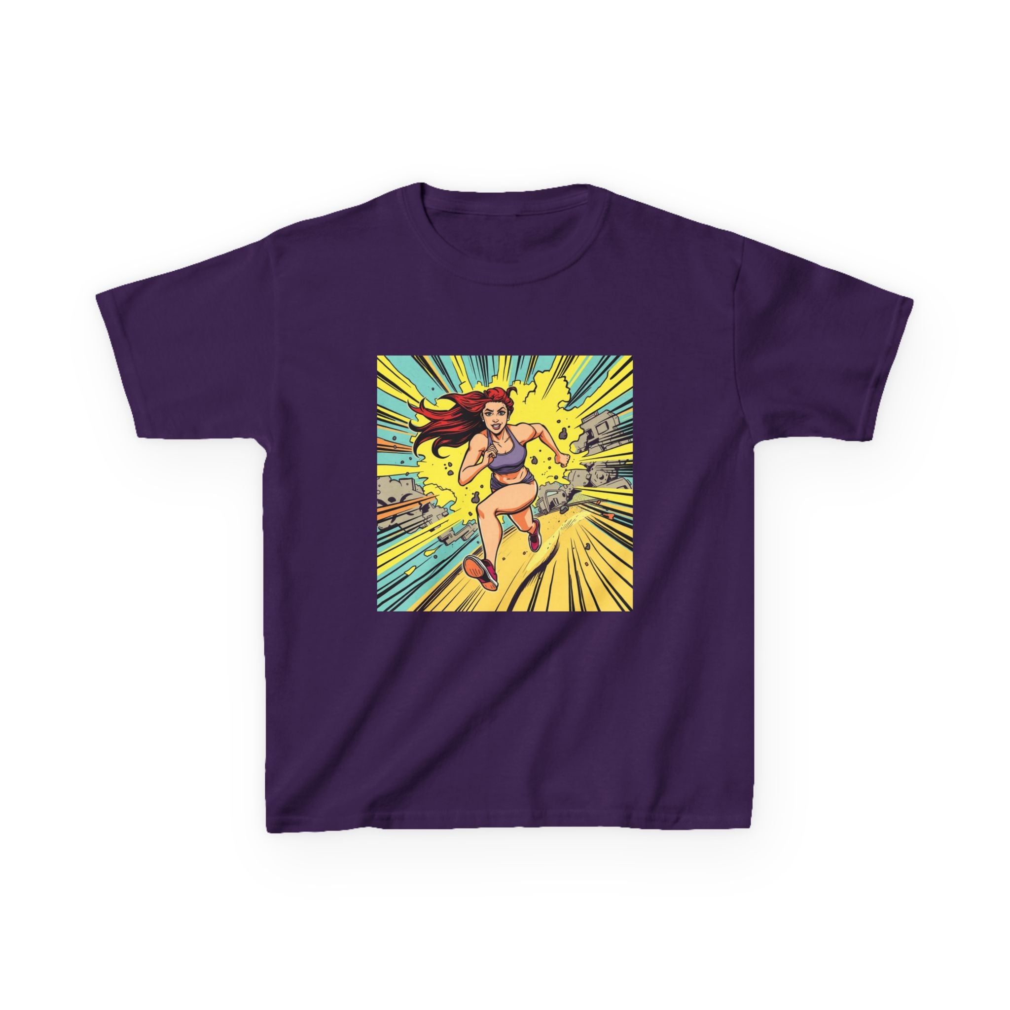 Kids Tee — Retro Pop Art Superhero Girl Running Graphic