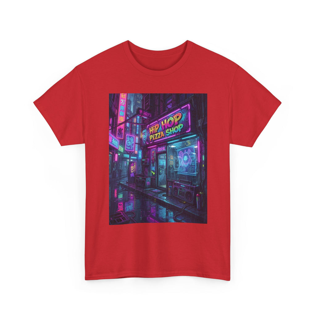 Cyberpunk Streetwear T‑Shirt — Neon “Hip Hop Pizza Shop” Graphic Tee