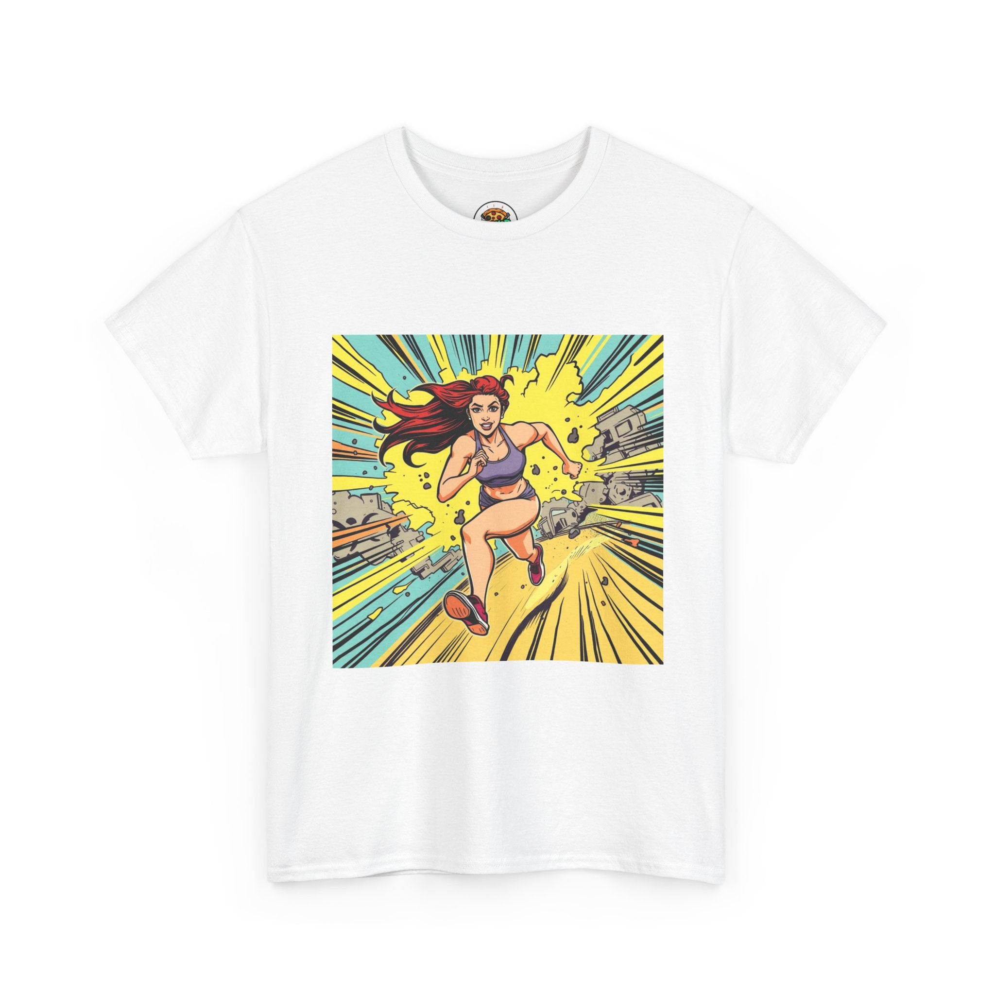 Graphic Tee — Retro Pop Art Running Woman Comic Design