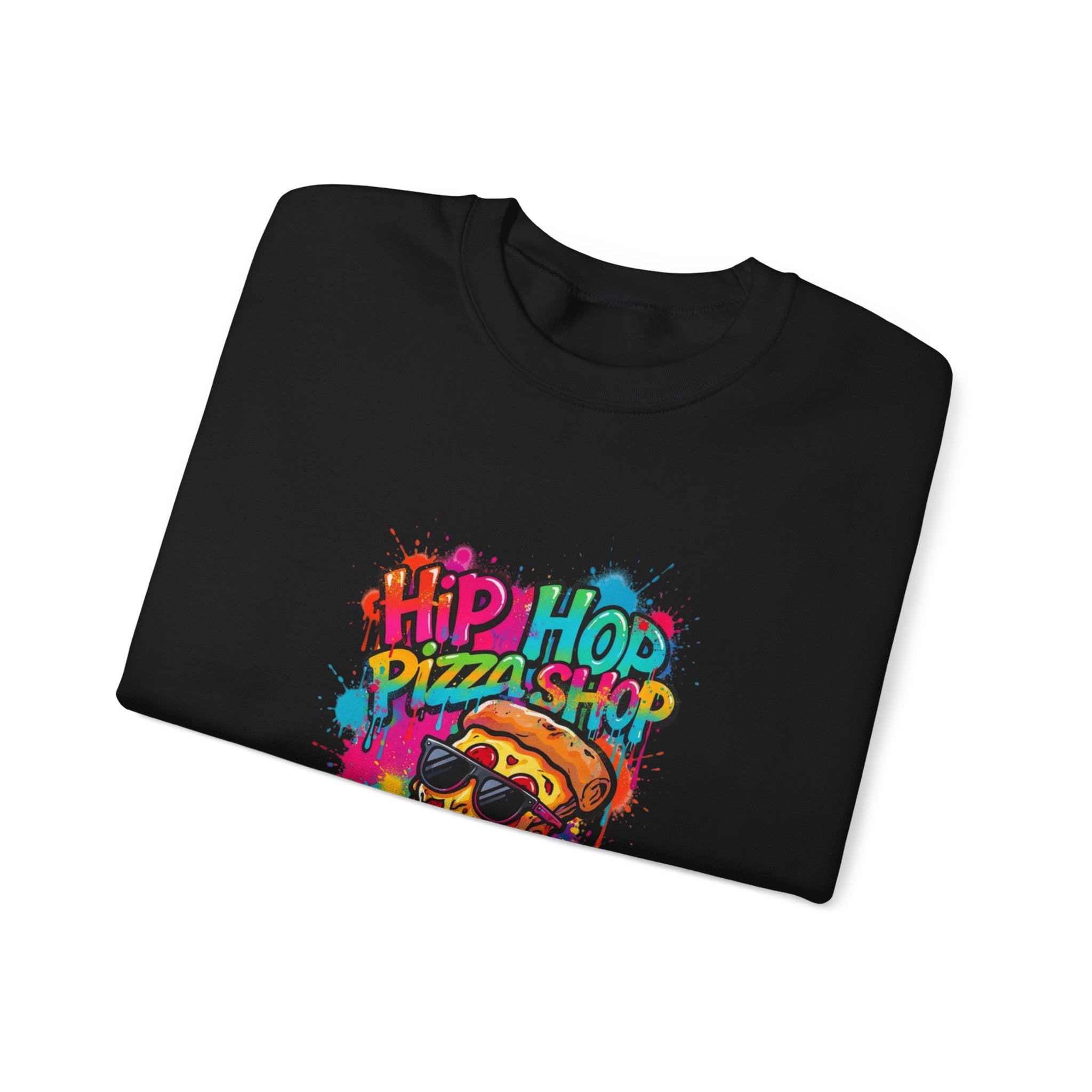Hip Hop Pizza Shop Crewneck Sweatshirt — Retro Graffiti Pizza Slice Design