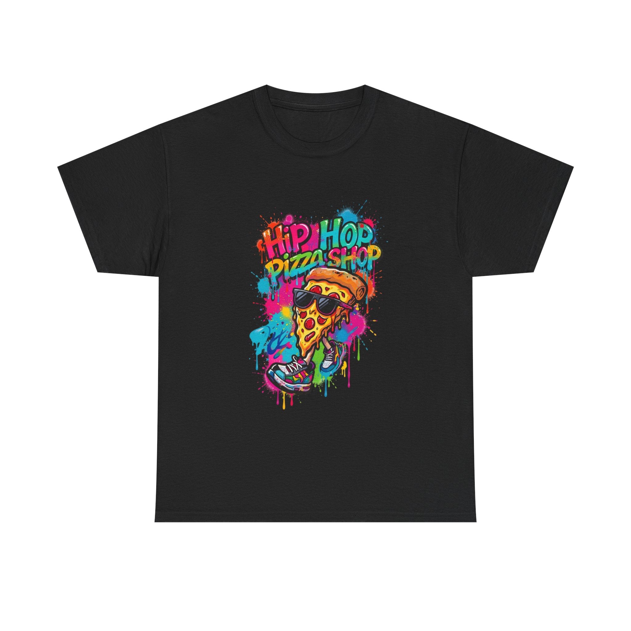 Hip Hop Pizza Shop Graphic Tee — Colorful Streetwear Pizza Slice Design