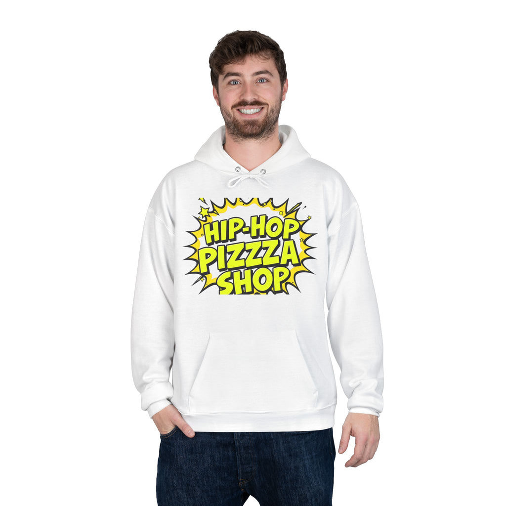 Hip-Hop Pizza Shop Hoodie — Retro Comic Logo Pullover