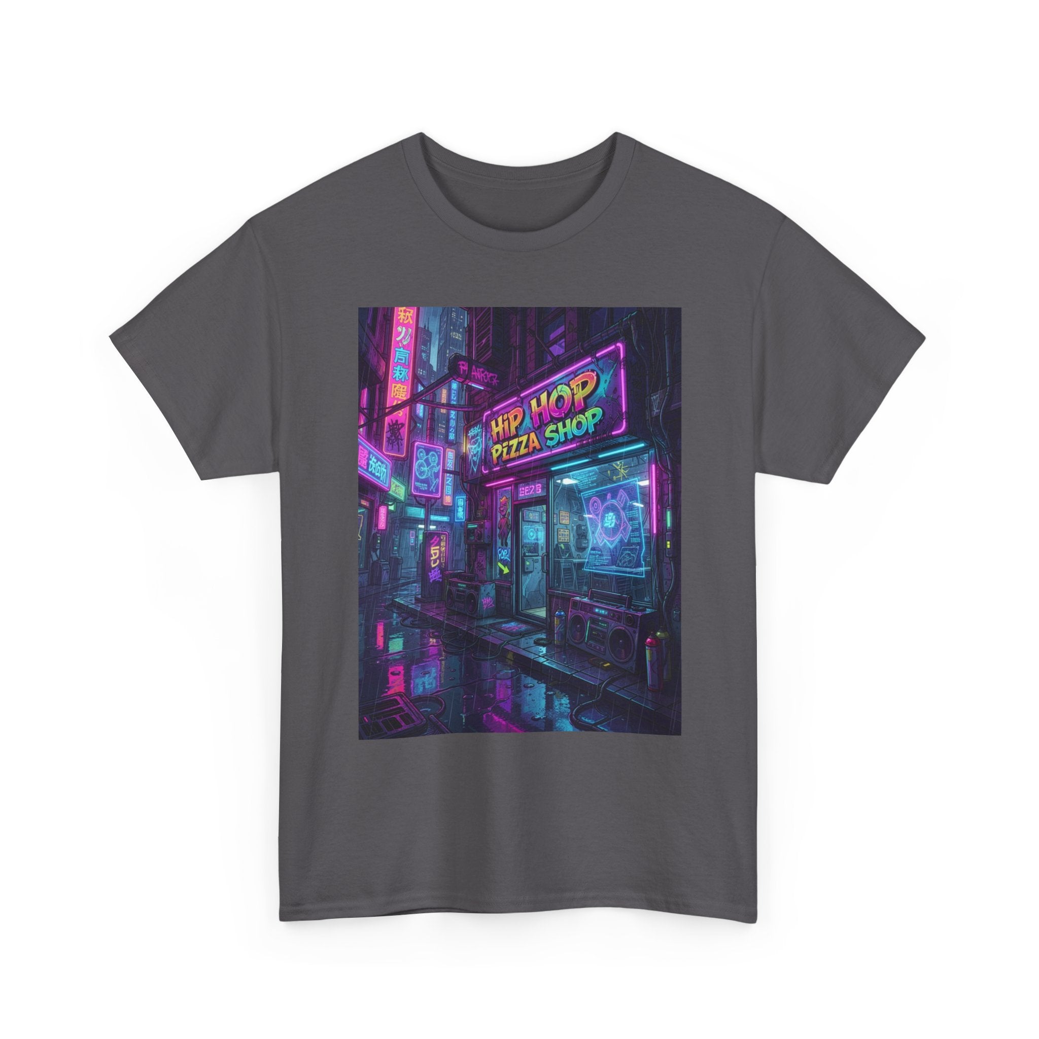 Cyberpunk Streetwear T‑Shirt — Neon “Hip Hop Pizza Shop” Graphic Tee