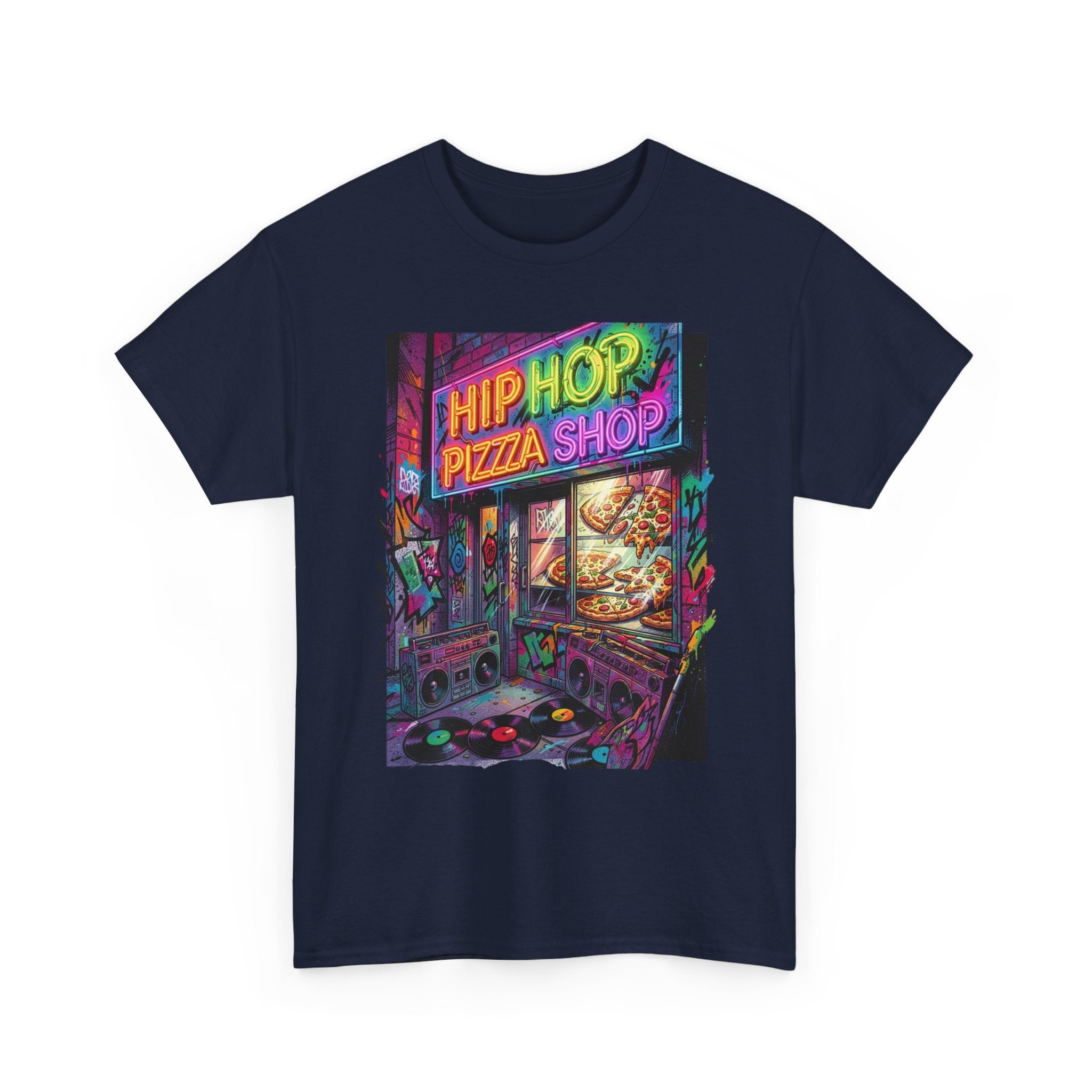 Hip Hop Pizza Shop T-Shirt — Retro Neon Streetwear Tee