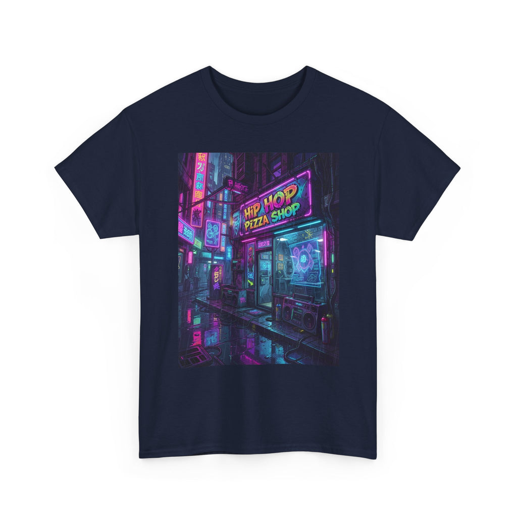 Cyberpunk Streetwear T‑Shirt — Neon “Hip Hop Pizza Shop” Graphic Tee