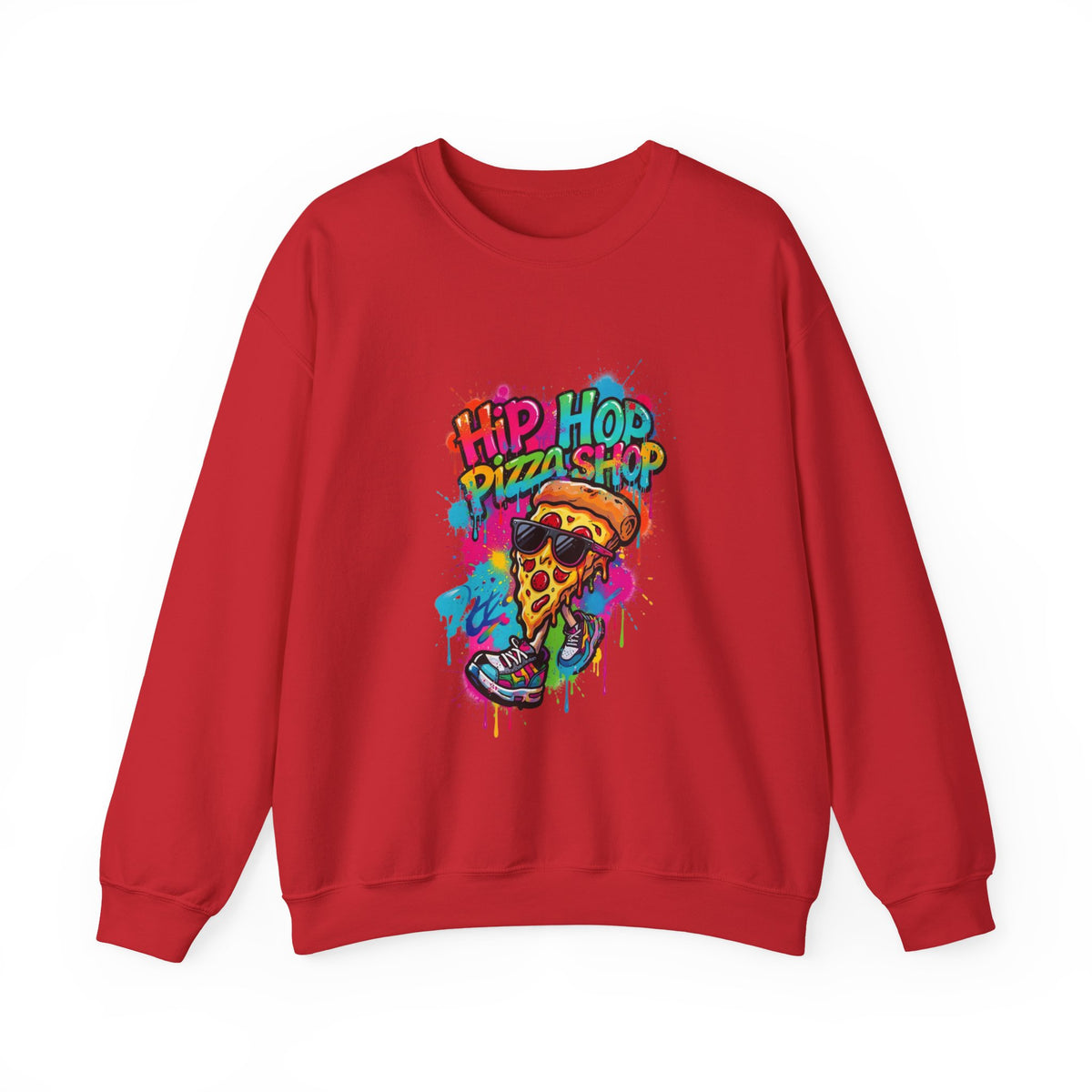 Hip Hop Pizza Shop Crewneck Sweatshirt — Retro Graffiti Pizza Slice Design