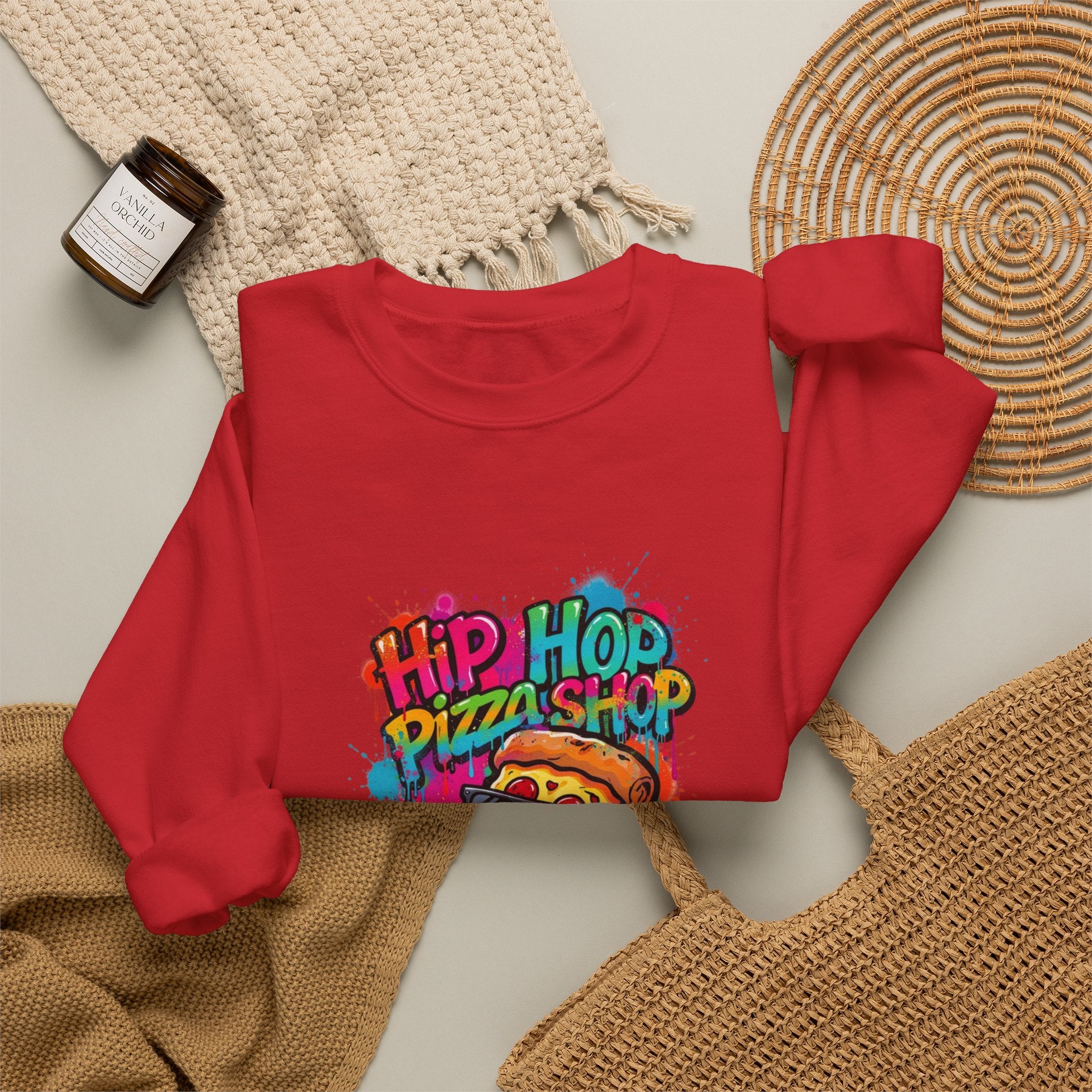 Hip Hop Pizza Shop Crewneck Sweatshirt — Retro Graffiti Pizza Slice Design
