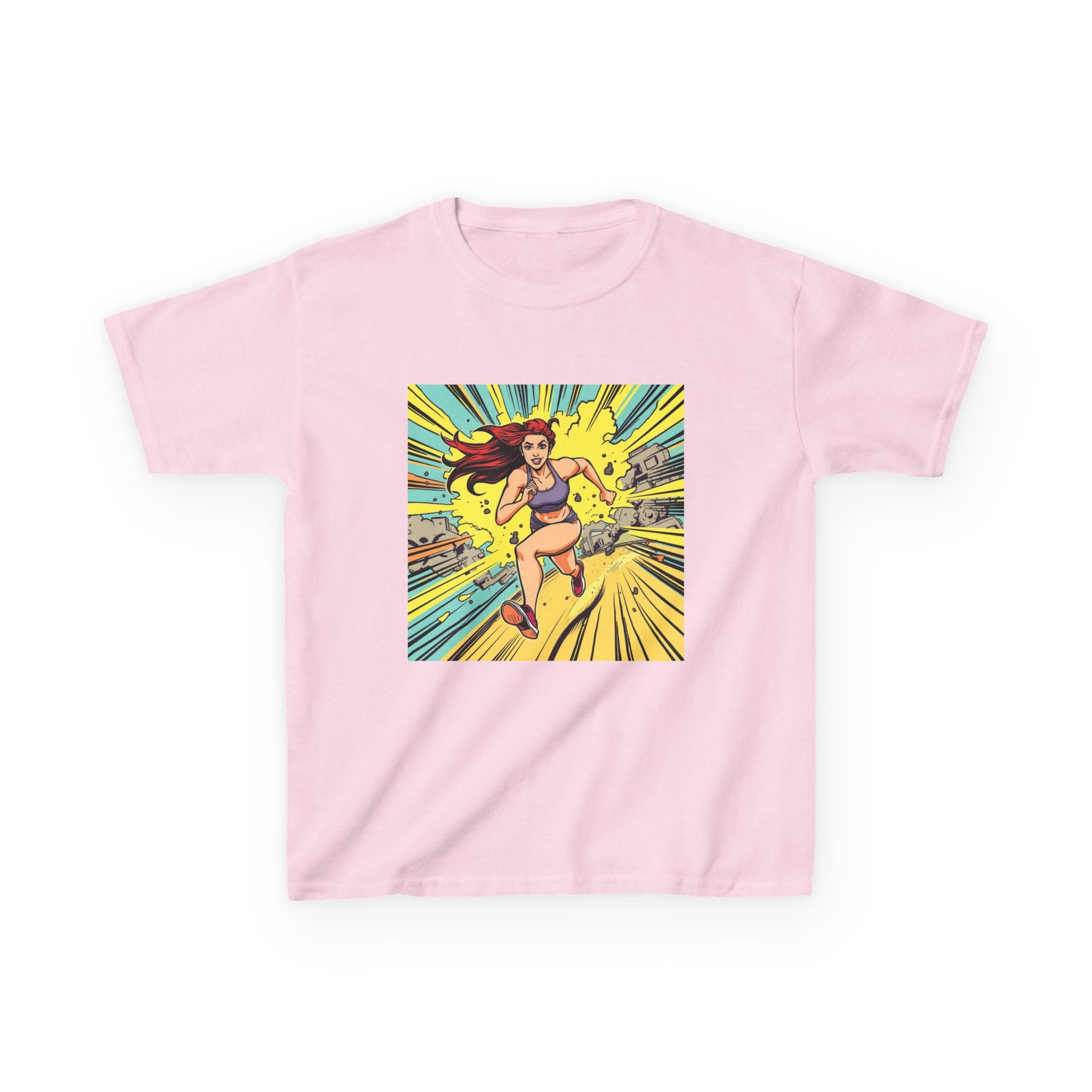 Kids Tee — Retro Pop Art Superhero Girl Running Graphic