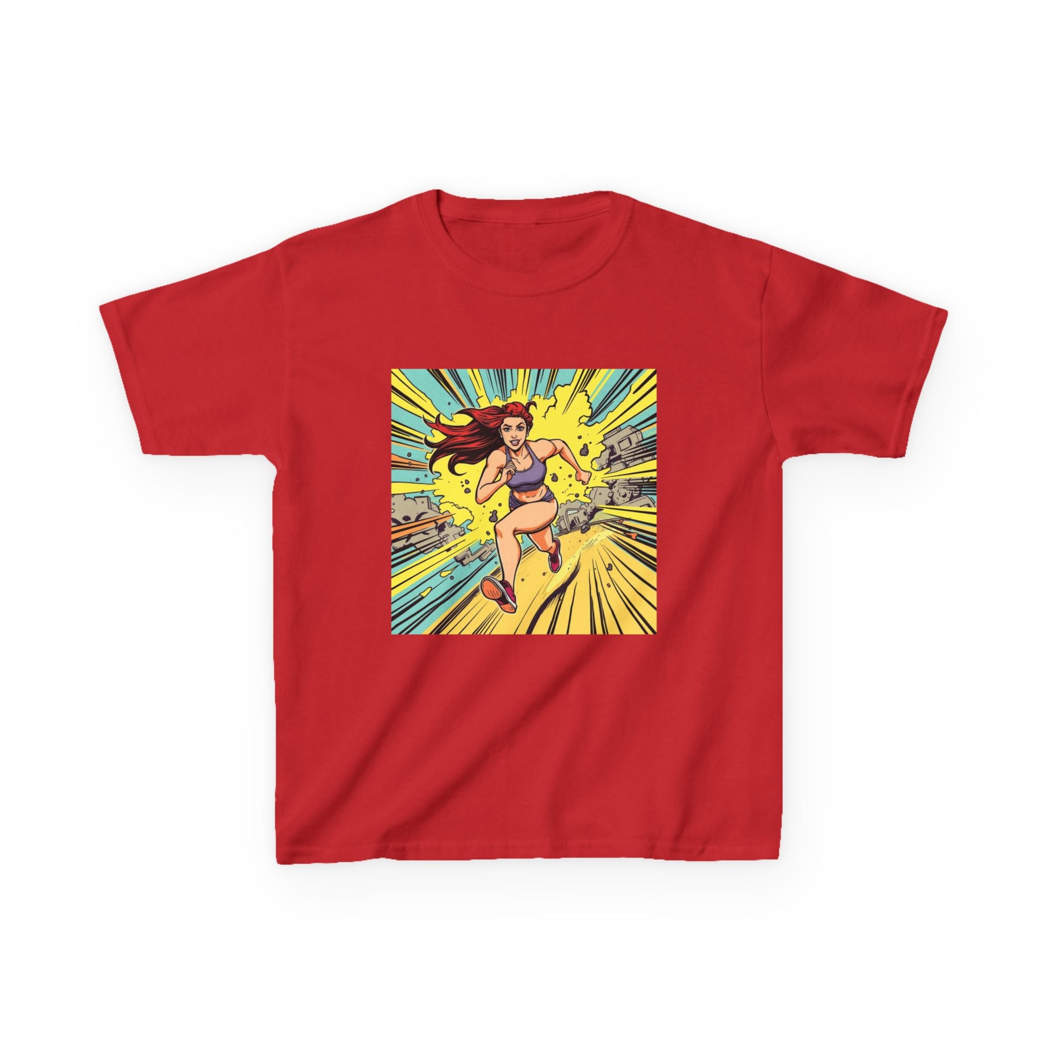 Kids Tee — Retro Pop Art Superhero Girl Running Graphic