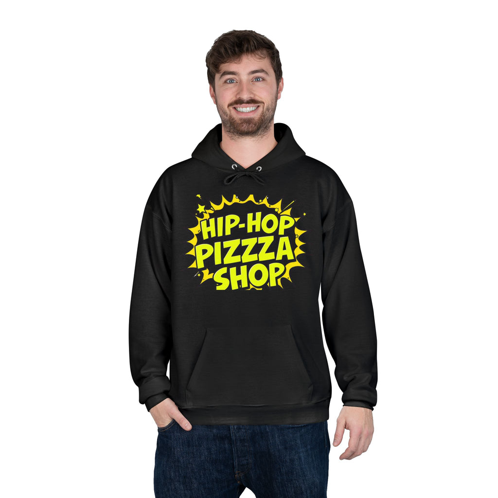 Hip-Hop Pizza Shop Hoodie — Retro Comic Logo Pullover