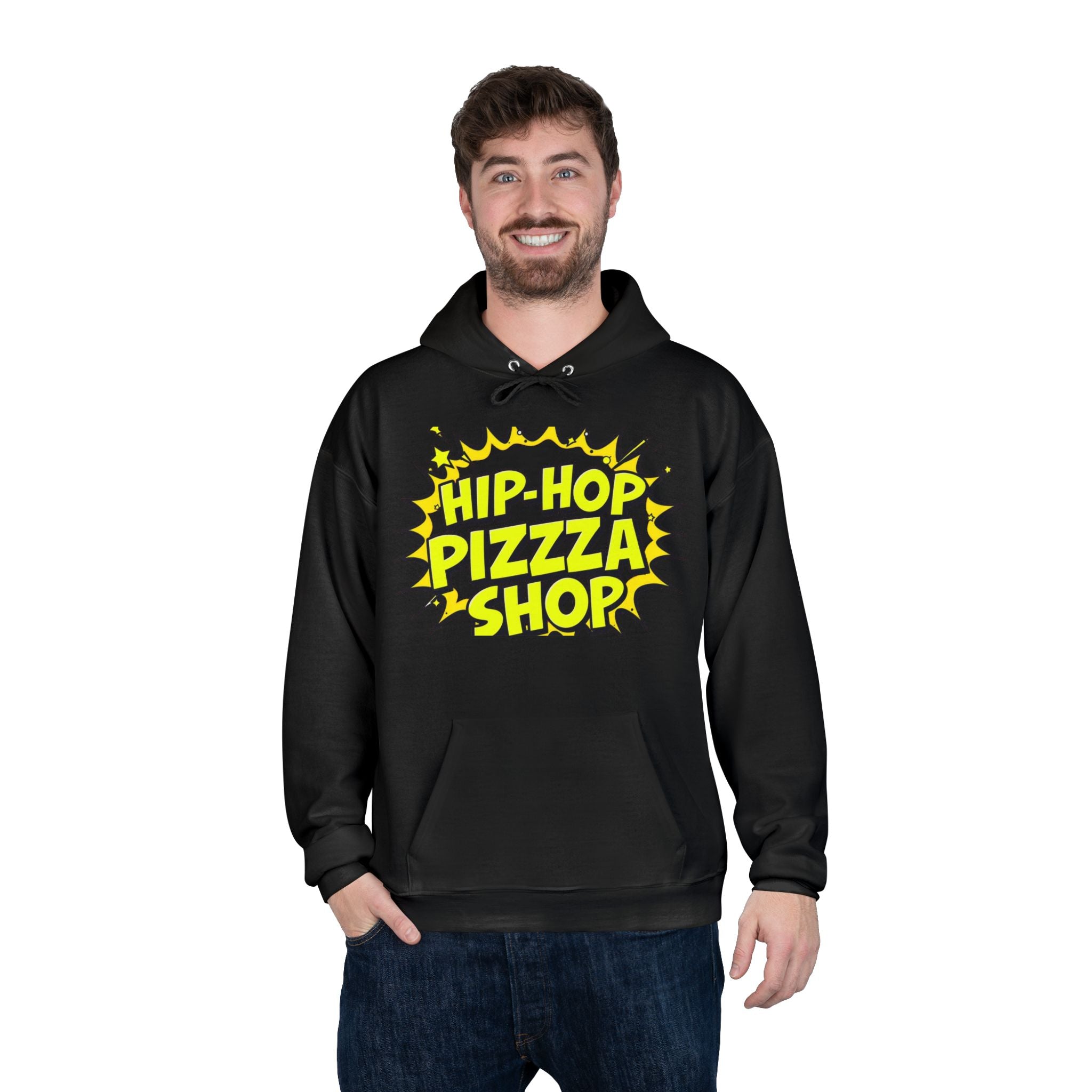 Hip-Hop Pizza Shop Hoodie — Retro Comic Logo Pullover