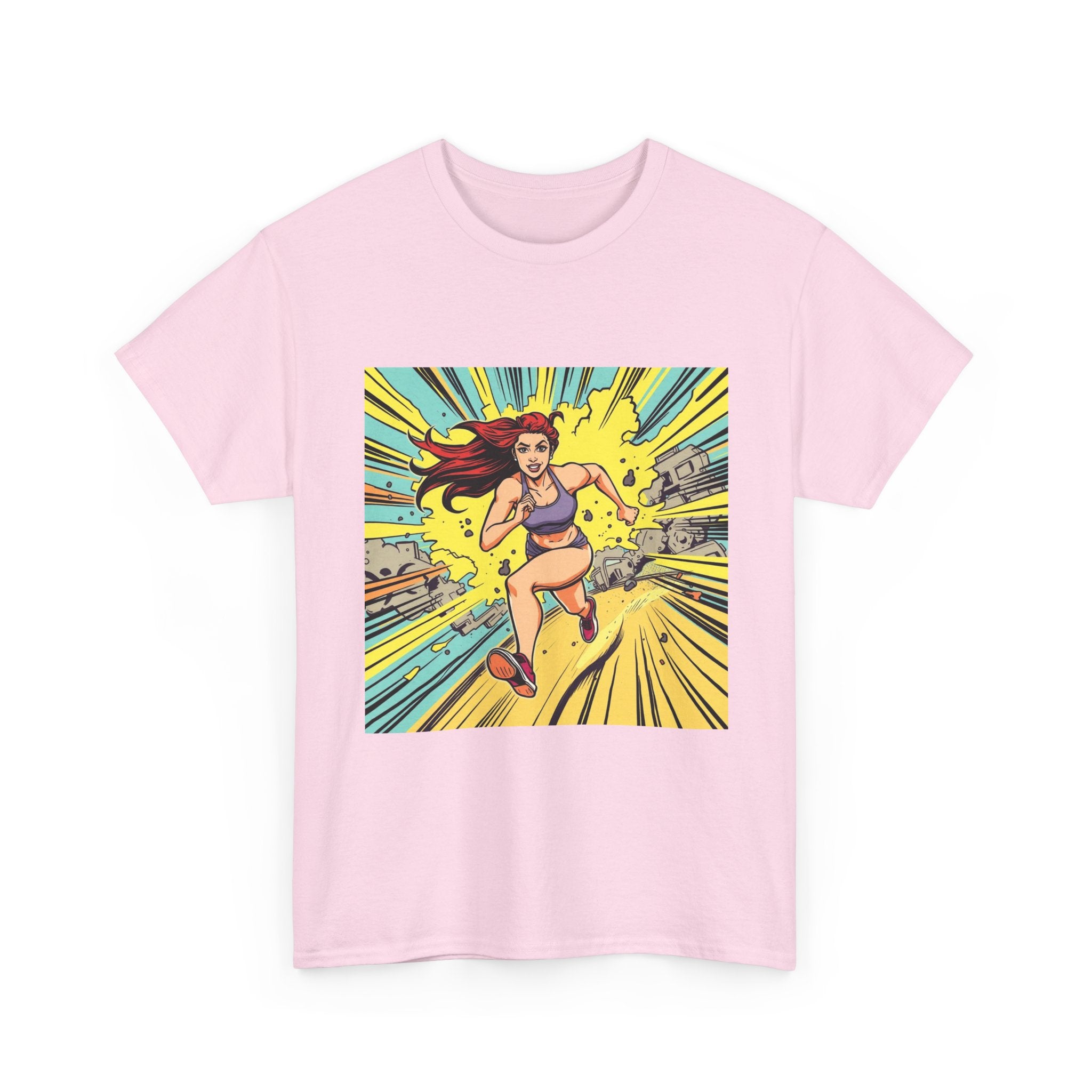 Graphic Tee — Retro Pop Art Running Woman Comic Design