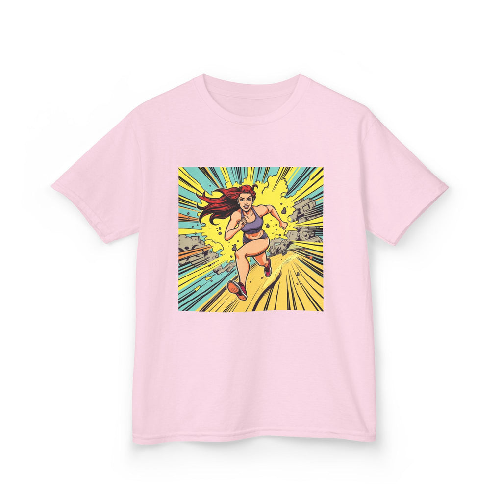 Kids Tee — Retro Pop Art Superhero Girl Running Graphic