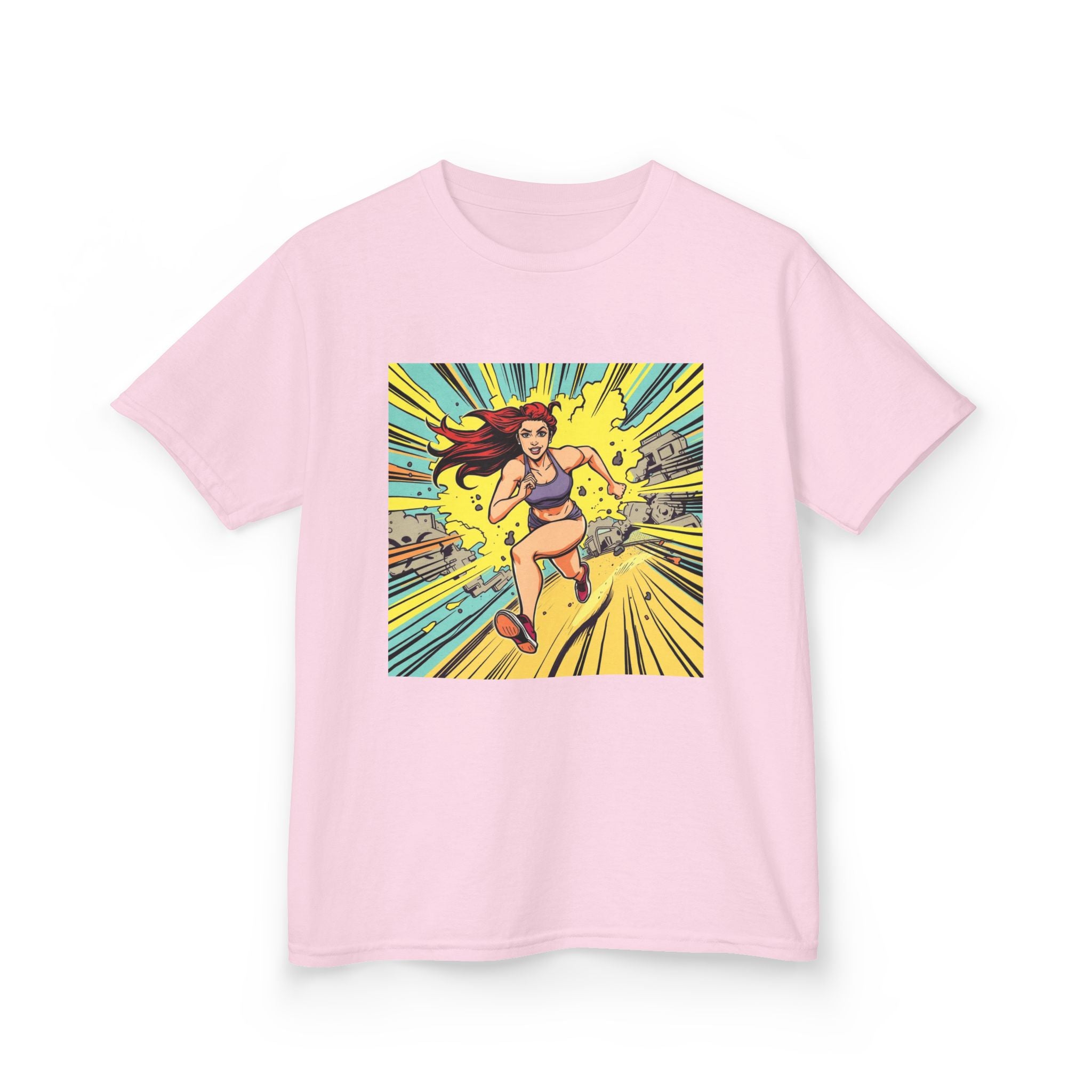 Kids Tee — Retro Pop Art Superhero Girl Running Graphic