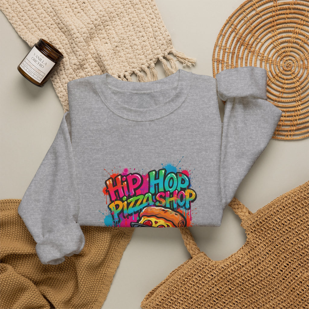 Hip Hop Pizza Shop Crewneck Sweatshirt — Retro Graffiti Pizza Slice Design