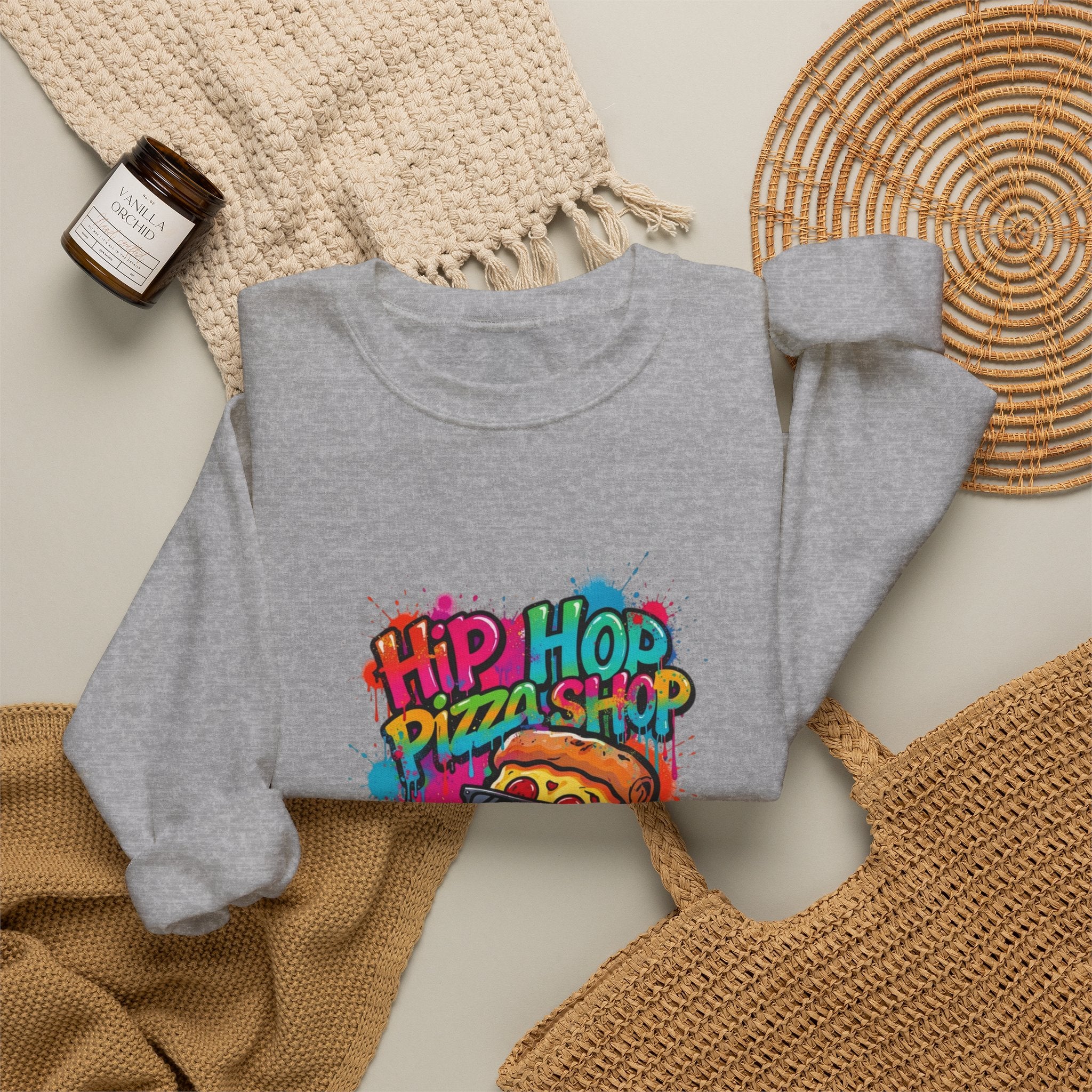 Hip Hop Pizza Shop Crewneck Sweatshirt — Retro Graffiti Pizza Slice Design