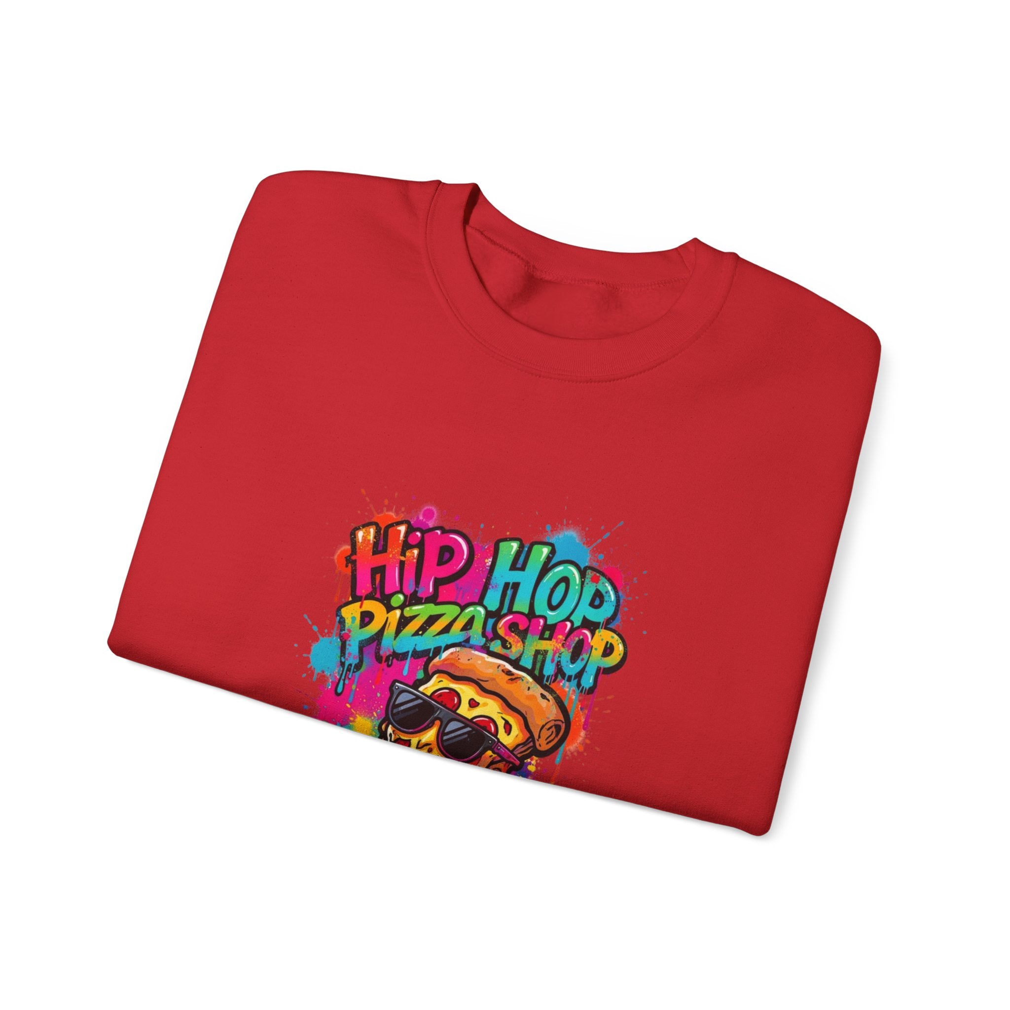 Hip Hop Pizza Shop Crewneck Sweatshirt — Retro Graffiti Pizza Slice Design